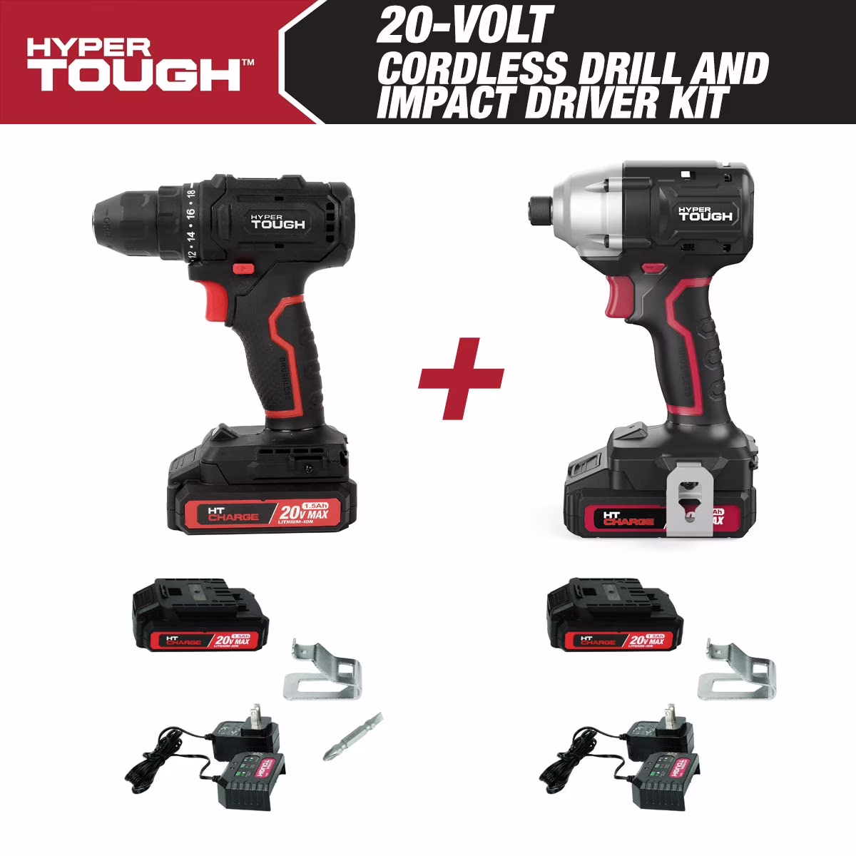 Hyper Tough 20V Max 3/8 cordless Drill /  1/4 cordless Impact Driver Combo with (2) - 1.5Ah batteries and chargers