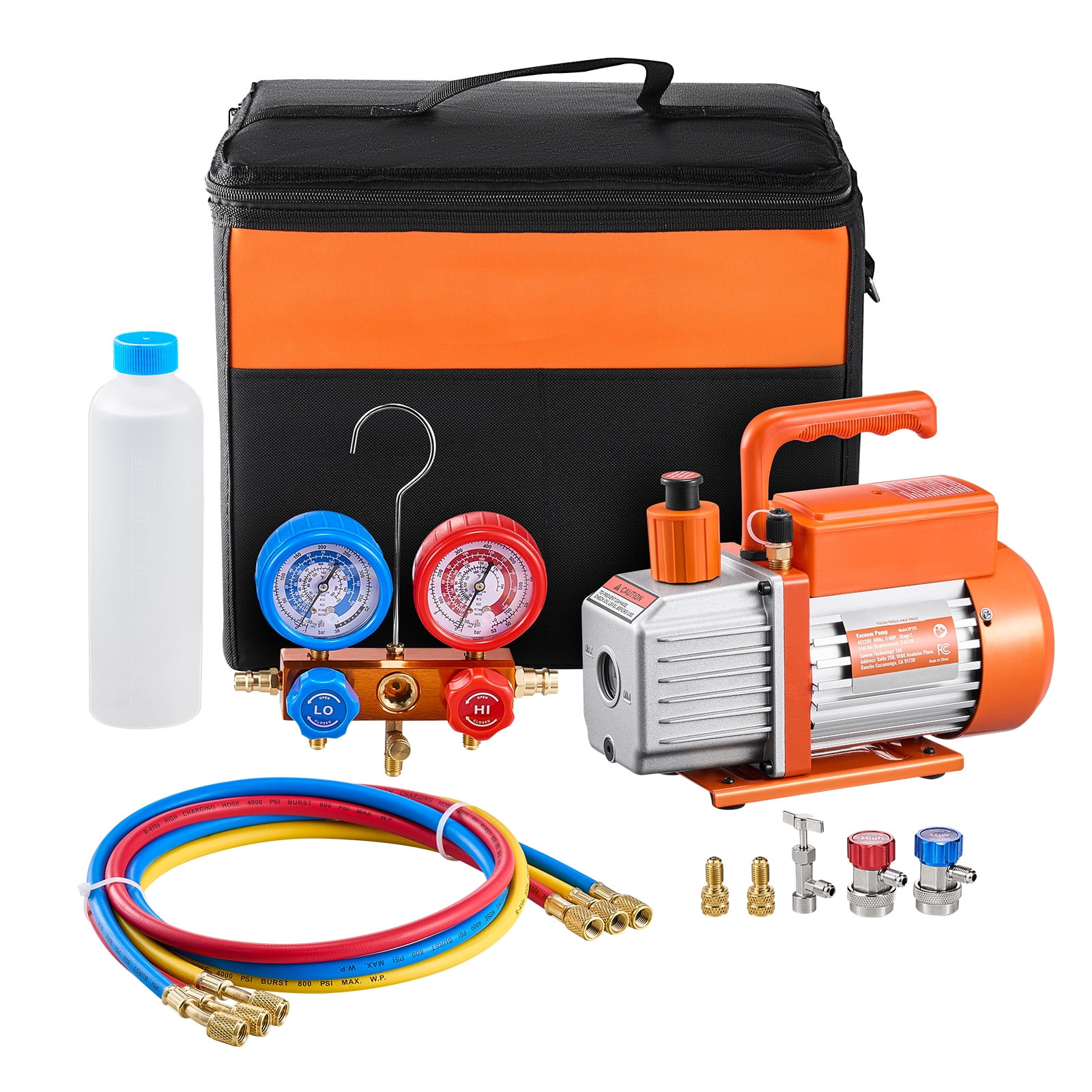3.5 CFM AC Vacuum Pump and Gauge Set, Single Stage Rotary Vane HVAC Air Vacuum Pump, A/C Refrigerant Manifold Gauge Kit, with Hoses, for R134a, R12, R22, R502a, R410A, R404, R407C Refrigerants - Image 6