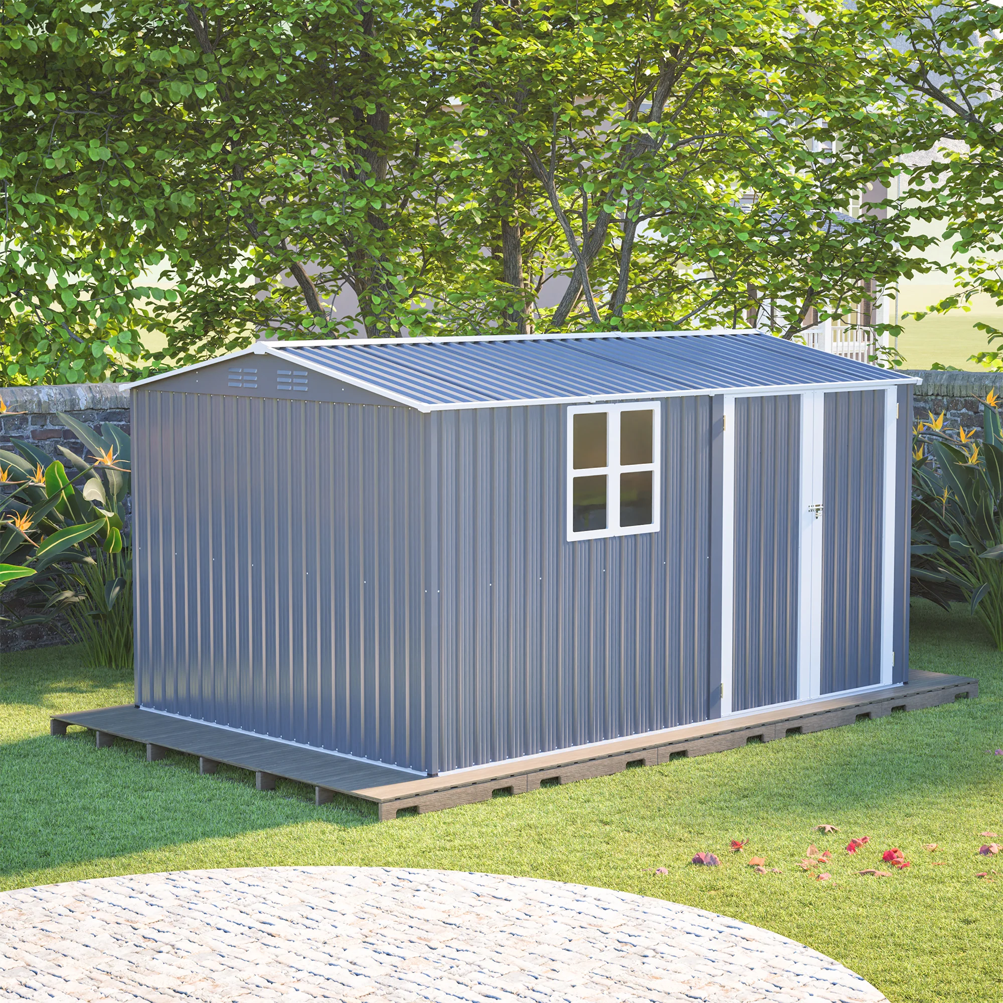 AECOJOY 12x8 Ft Outdoor Storage Shed, XL Heavy-Duty Steel Building with Window