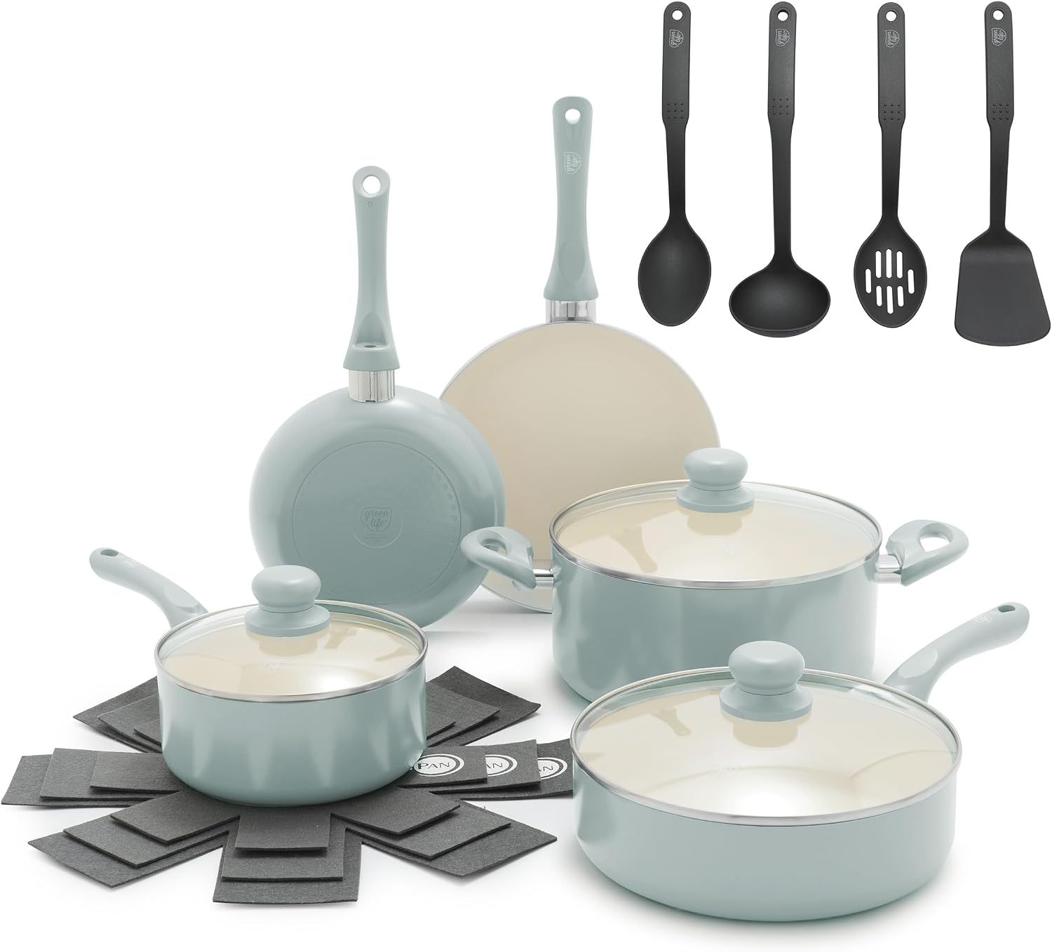 GreenLife 16pc Ceramic Nonstick Pots & Pans Cookware Set, Mint Green