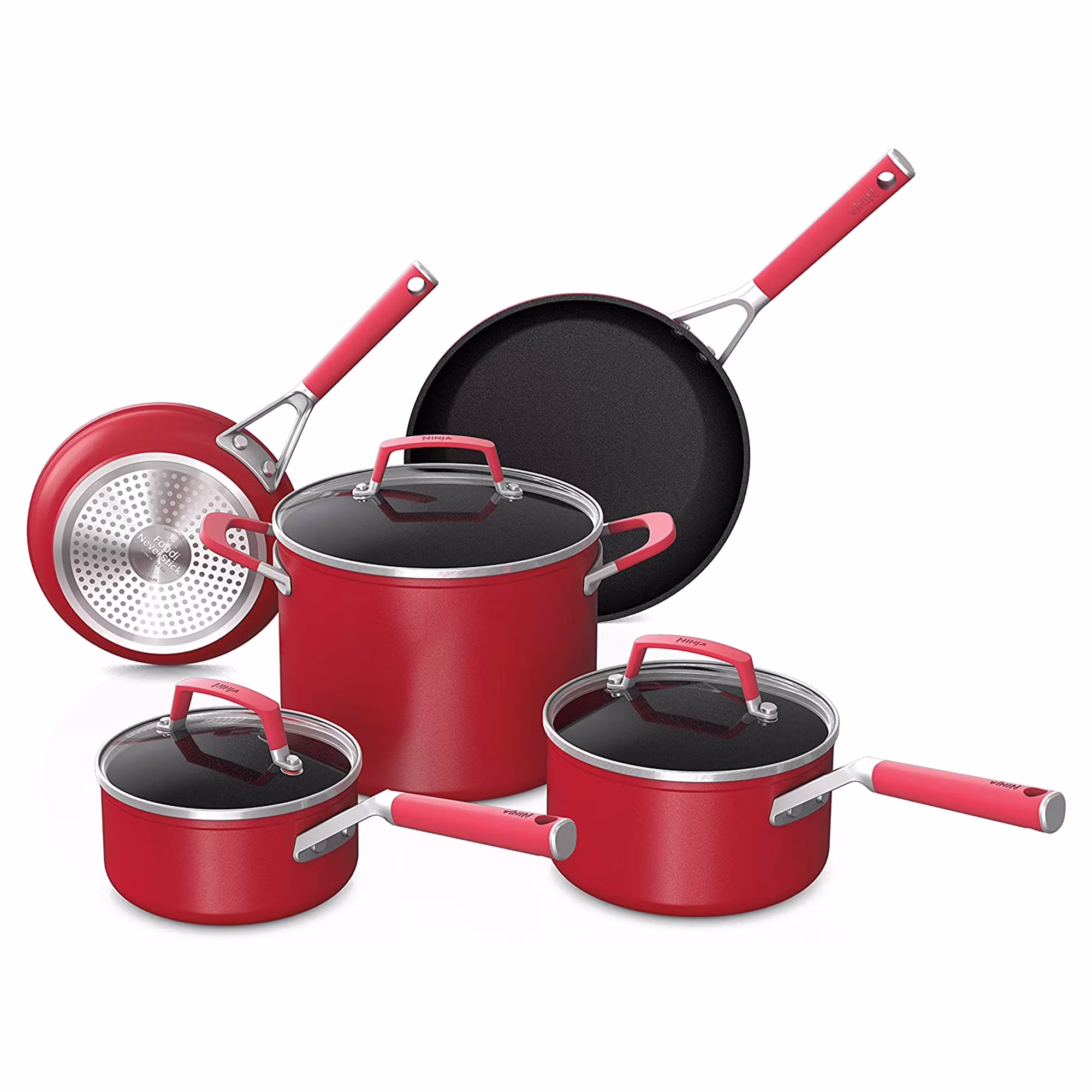 Foodi NeverStick Vivid Oven Safe 8 Piece Pots and Pans Cookware Set(Red)
