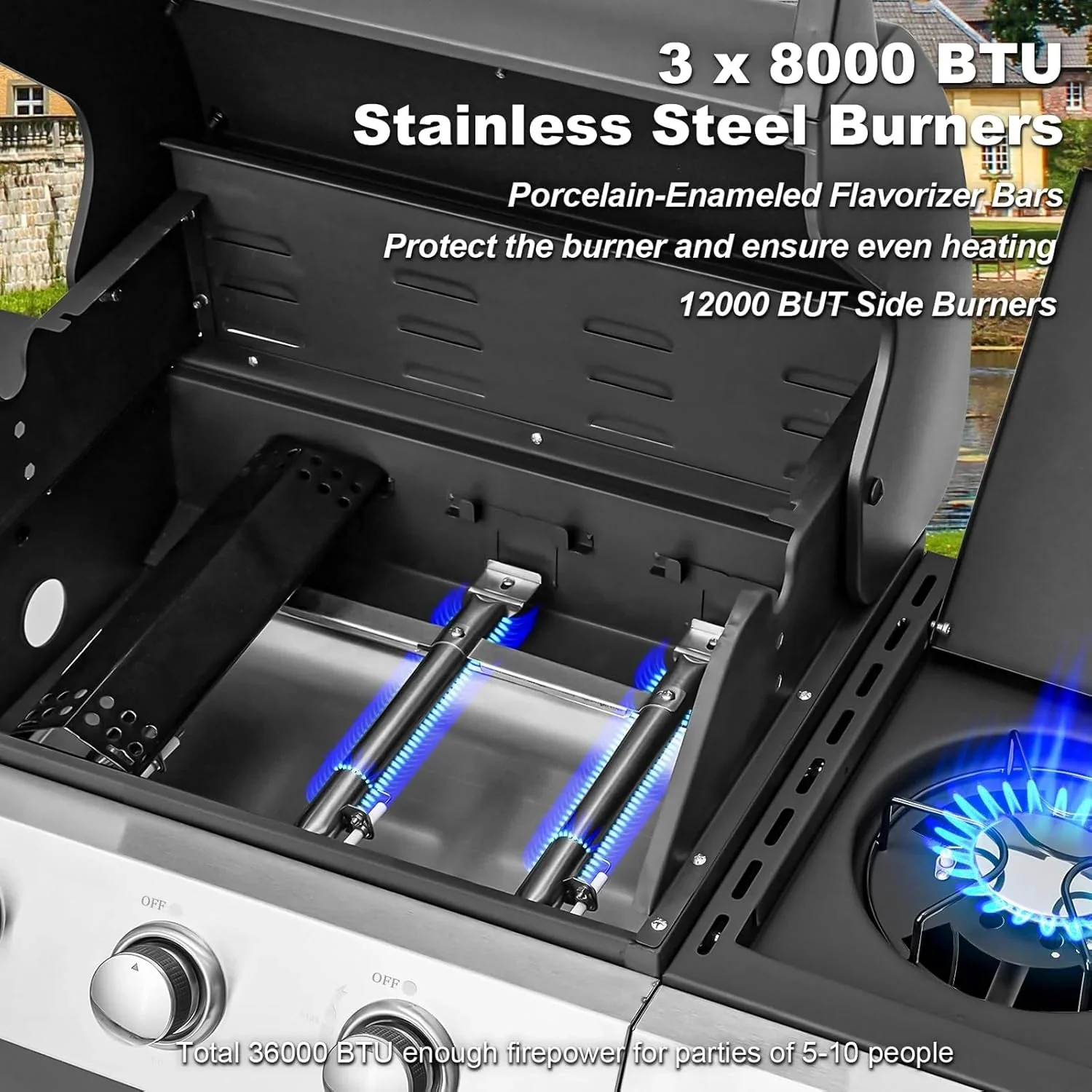 Upgraded 4 Burner Bbq Propane Gas Grill with Cast Iron Grates & Side Stove, 44,000 btu Stainless Steel Burner Barbecue Grill for Patio,…