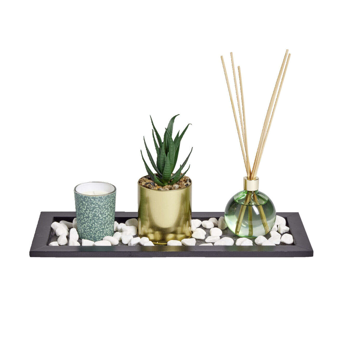 Coffret senteur bougie/plateau/diffuseur/plante artificielle