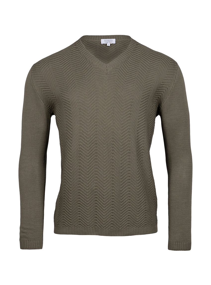 Pull homme col V chevrons en coton Vert Kaki