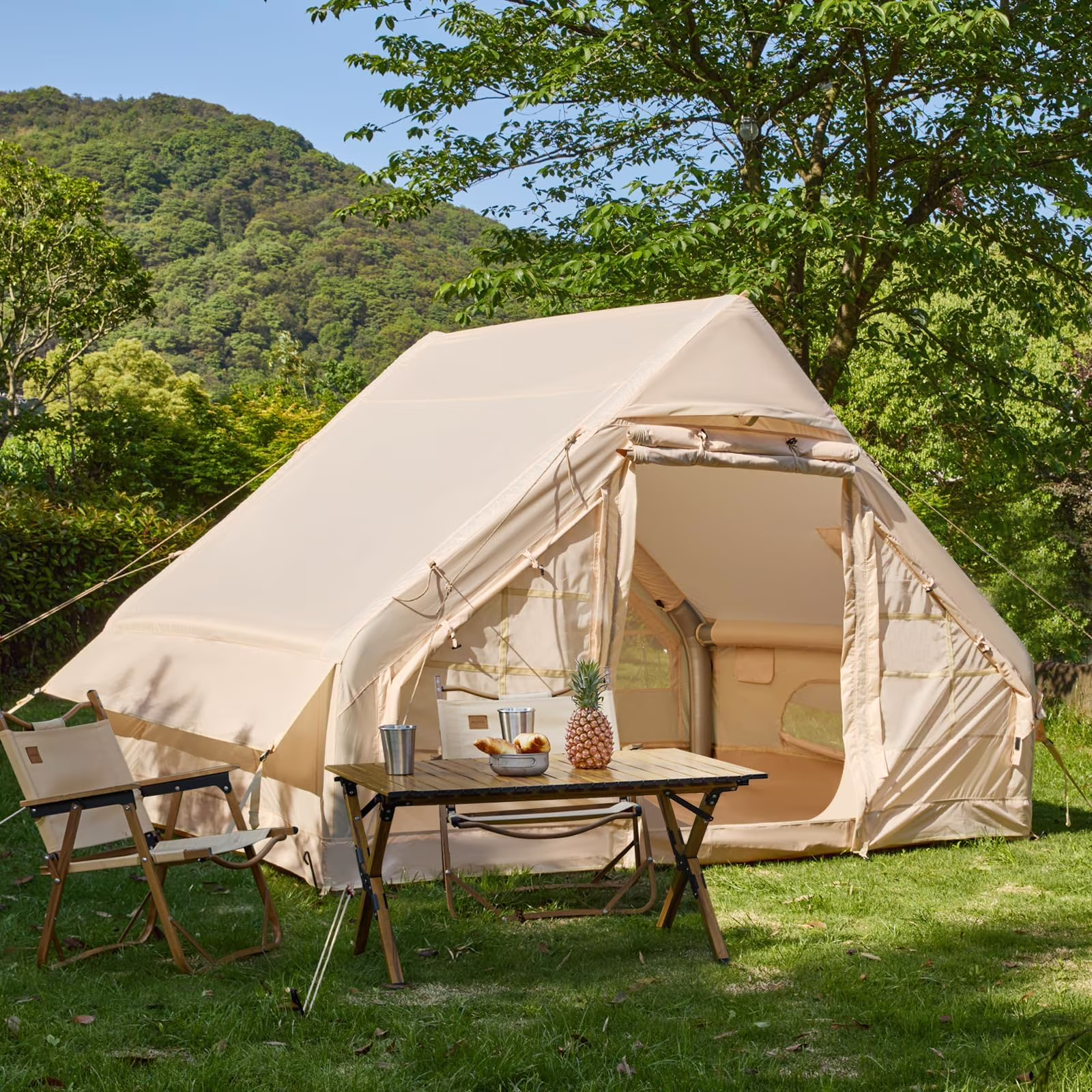 12'x8' Inflatable Tent, 96 SFT Blow Up Tent for Camping, 4 Season Oxford Glamping Tents with Clear Skylight, Pump Stove Jack(300D Oxford-Beige + Skylight) - Image 7