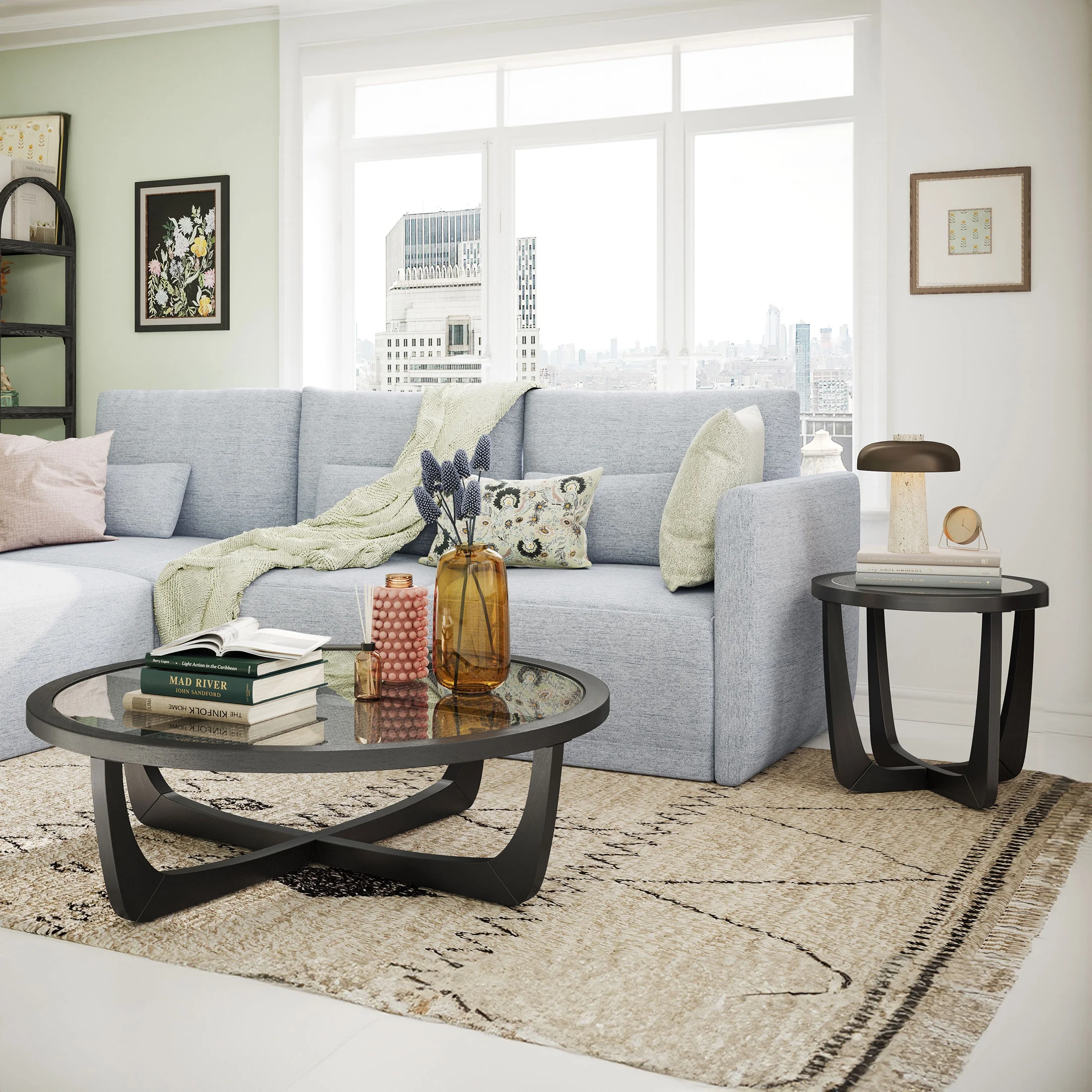 Round Rattan and Glass Top Coffee Table, Black(Black) - Image 4