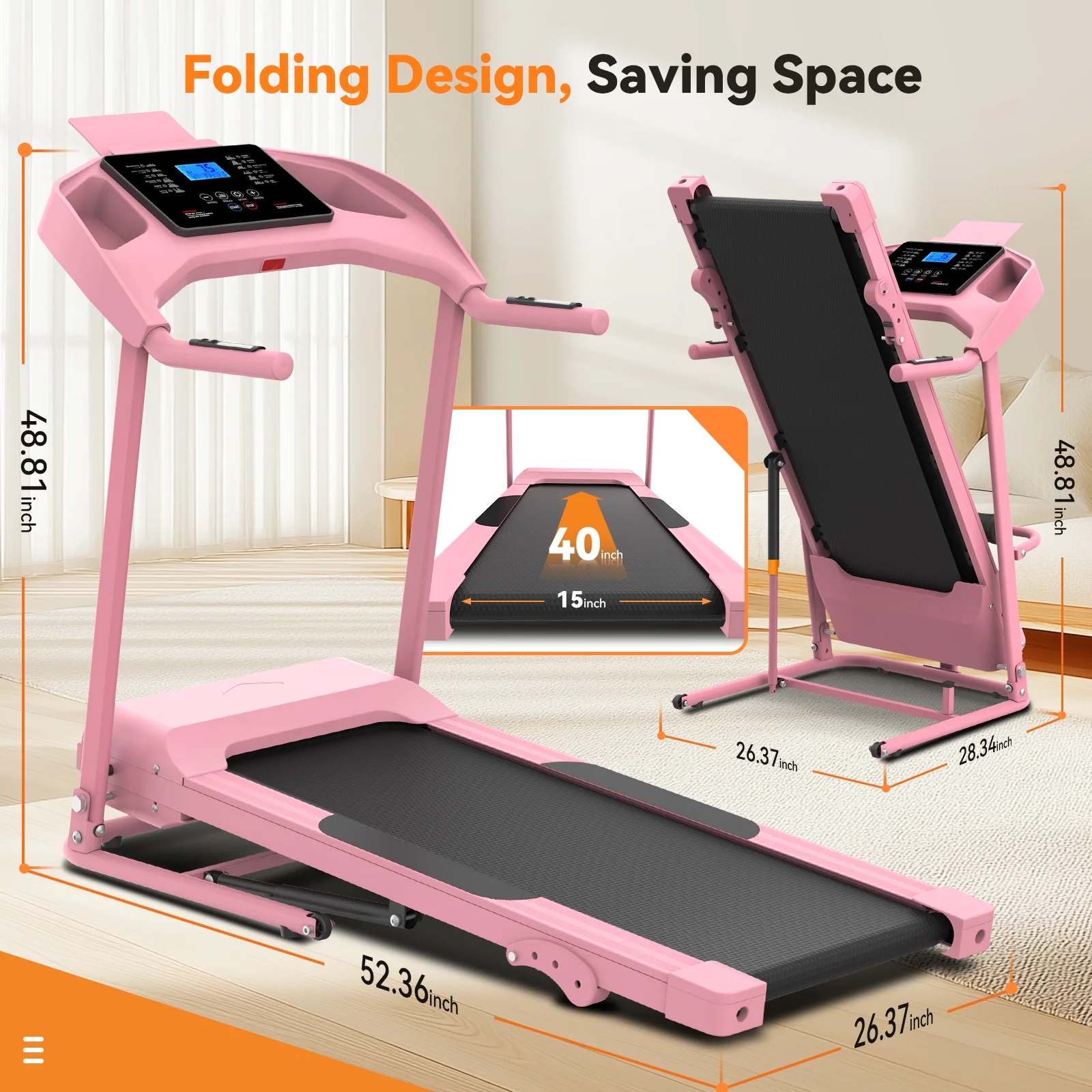 Treadmill with 8% Incline, 3.0 HP Foldable Compact Treadmill with Sit-up Function, 300 lbs Walking Running Treadmill with LCD Display for Exercise, 12 Programs(Pink-Upgraded) - Image 4