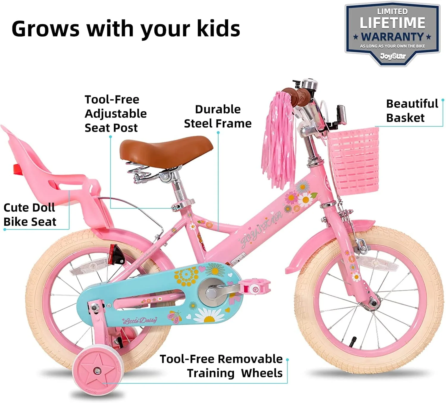 Little Daisy 12 in Kids Bike for 2 3 4 Years Girls with Training Wheels Princess Kids Bicycle with Basket Bike Streamers Toddler Cycle Bikes Pink