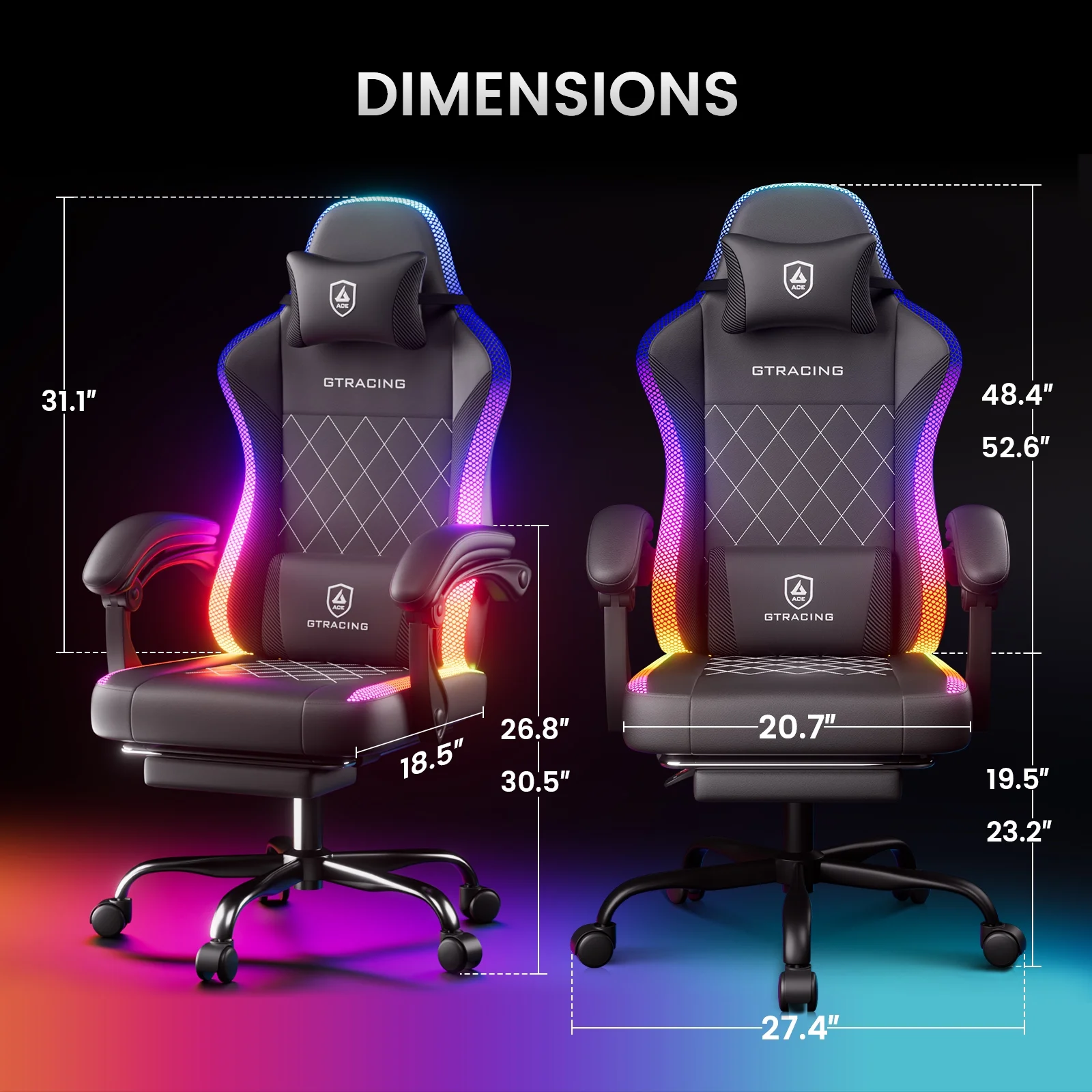 RGB Ergonomic Gaming Chair with Massage, LED Lights, Footrest, Lumbar Support and Backrest, Black - Image 10
