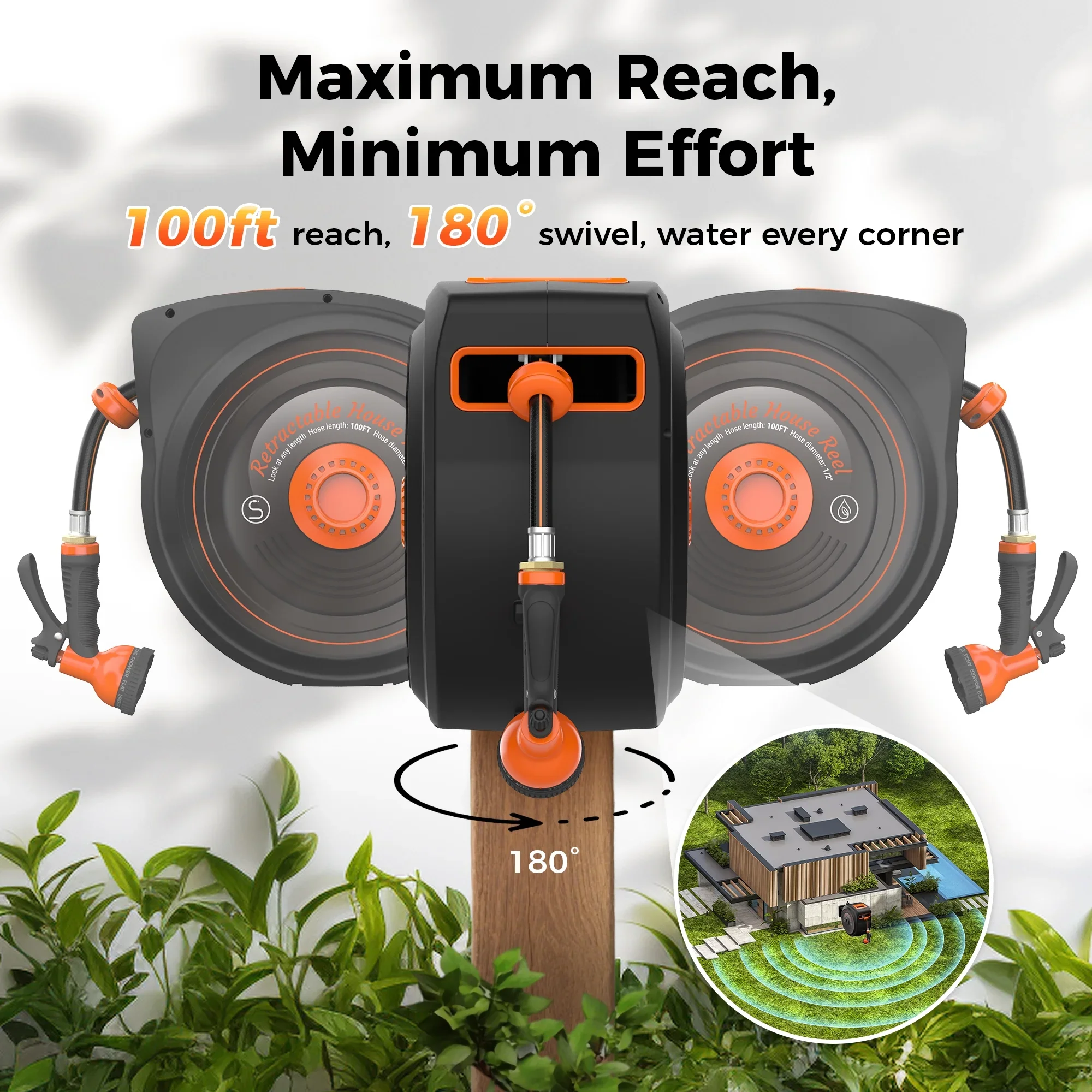 Retractable Garden Hose Reel 1/2 in x 100 ft, Auto-Rewind & Any Length Lock, 180�� Swivel Heavy Duty Hose Reel Wall Mount for Outside, 10 Spray Patterns, UV-Resistant