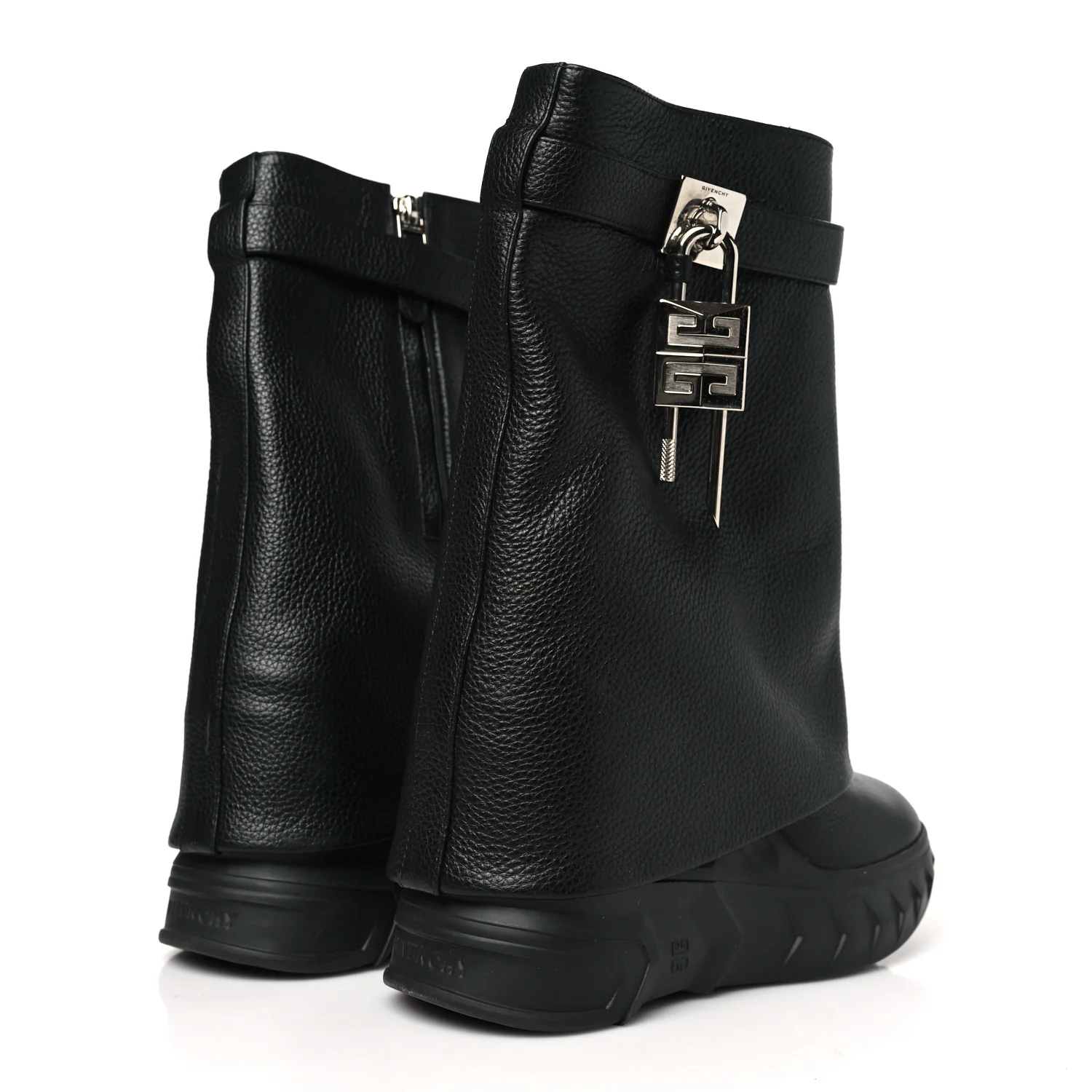 Grained Calfskin Shark Lock Biker Ankle Boots 36 Black