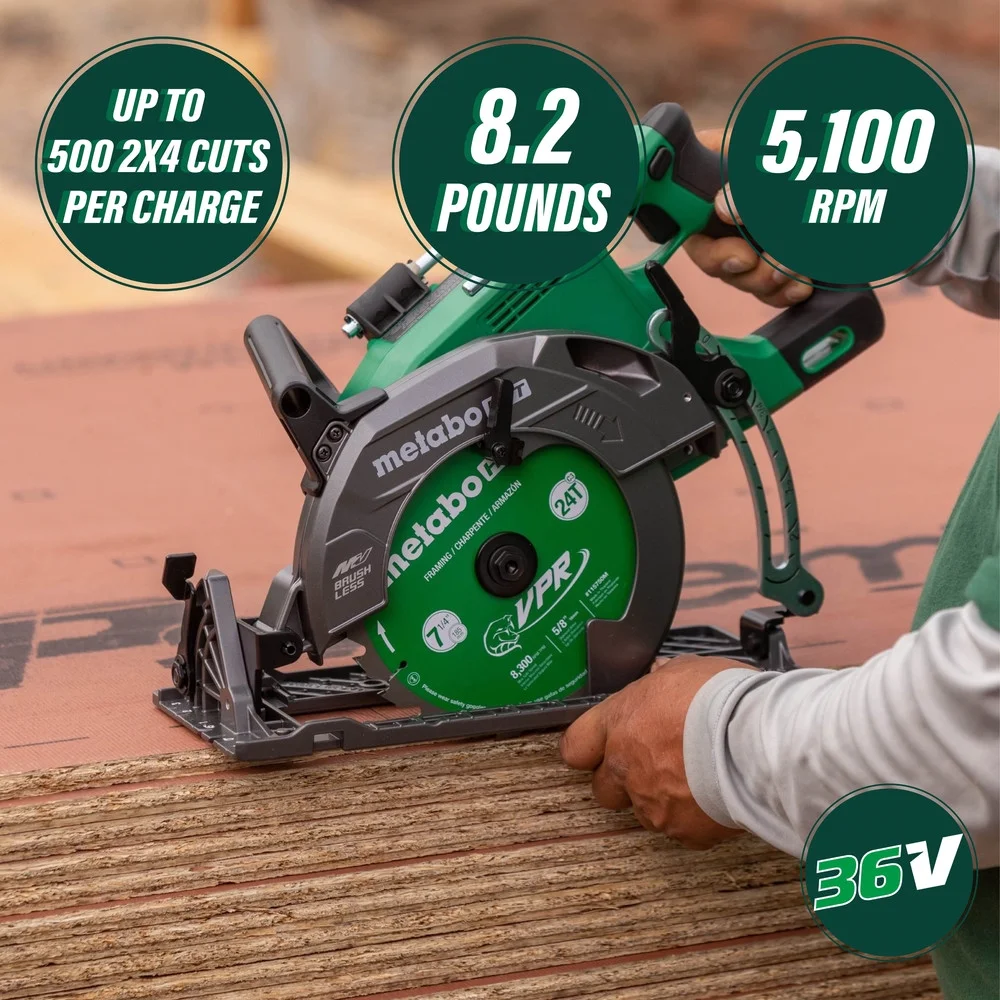Metabo HPT 36V Multivolt 7 - 1/4 in Rear Handle Circular Saw, Lightweight Design, up to 500 2x4 Cuts per Charge, 53 Adjustable Bevel Capacity, Lifetime Tool Body Warranty, C3607DWA