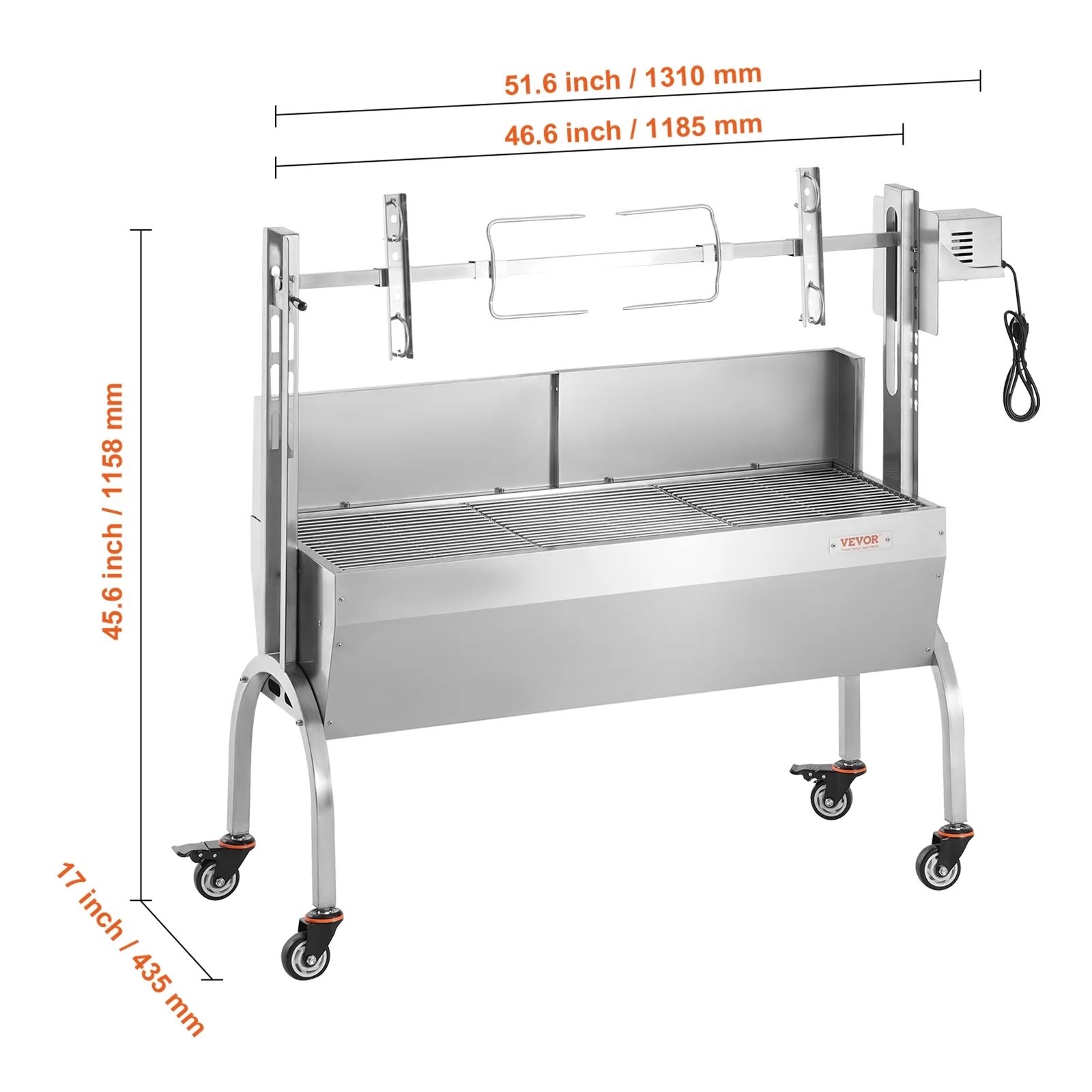 Rotisserie Grill with Windscreen, BBQ Whole Pig Lamb Goat Charcoal Spit Grill, 46 Inch 132 Lbs Capacity, Electric 52W Motor Stainless Steel Roaster with Lockable Wheels, for Camping Outdoor - Image 4
