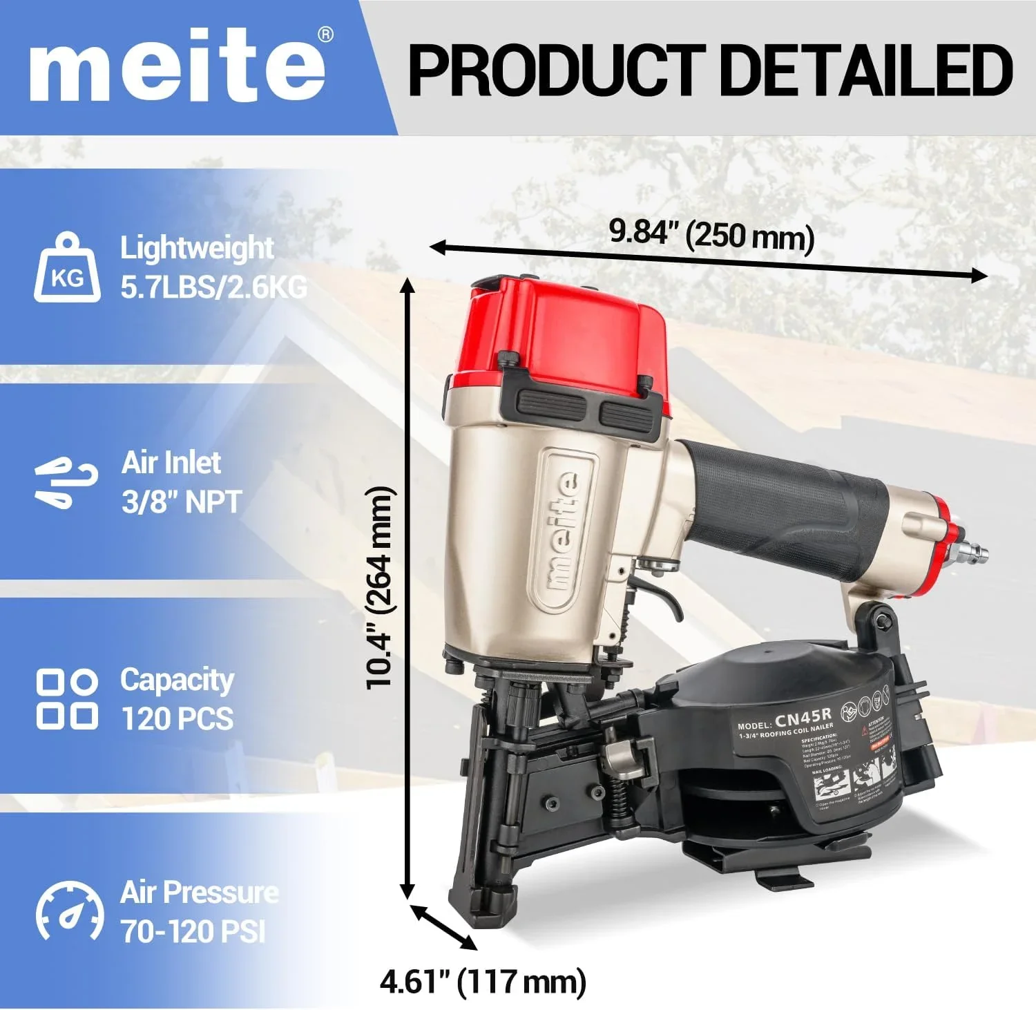 MEITE CN45R Pneumatic Coil Roofing Nailer CN45R 15 Degree 7/8 to 1-3/4 Length Coil Roofing Nail Gun Pistolas