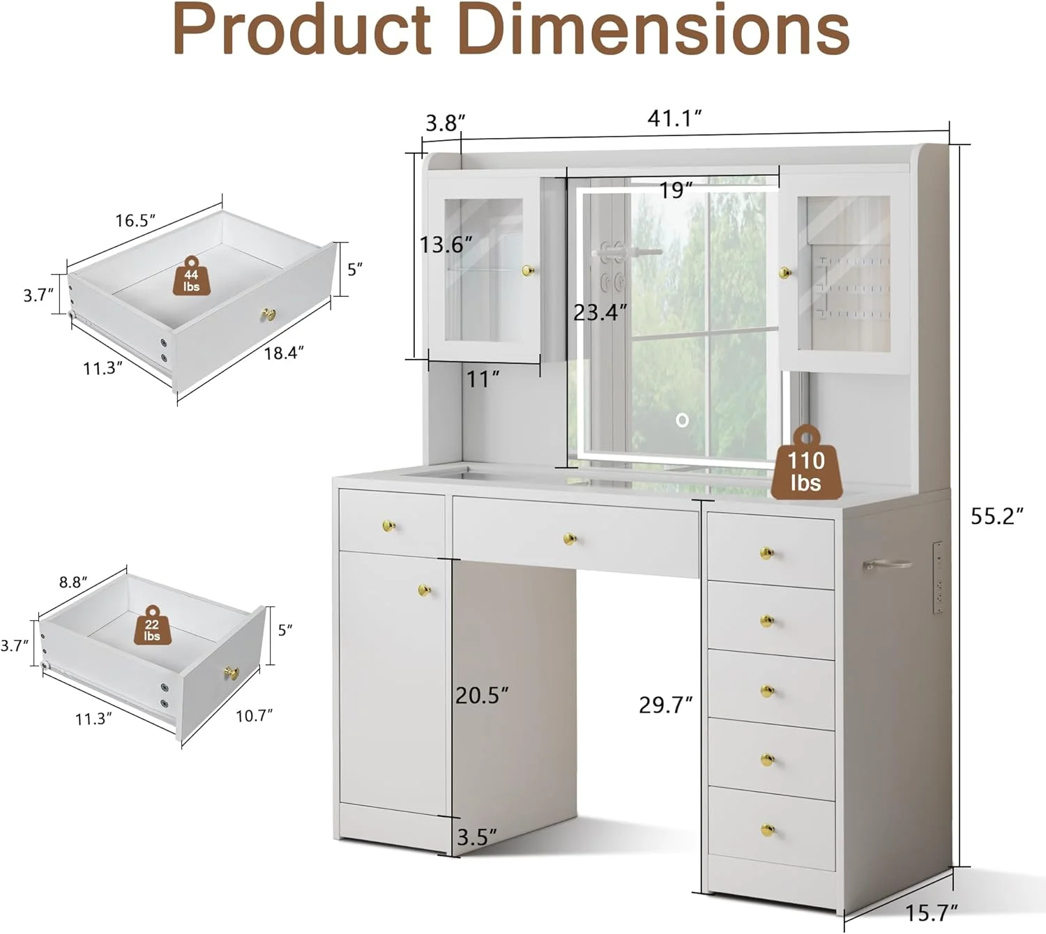 Vanity Desk with Mirror and Lights, Glass Top Makeup Vanity with RGB Light and Charging Station for Girls, White - Image 6