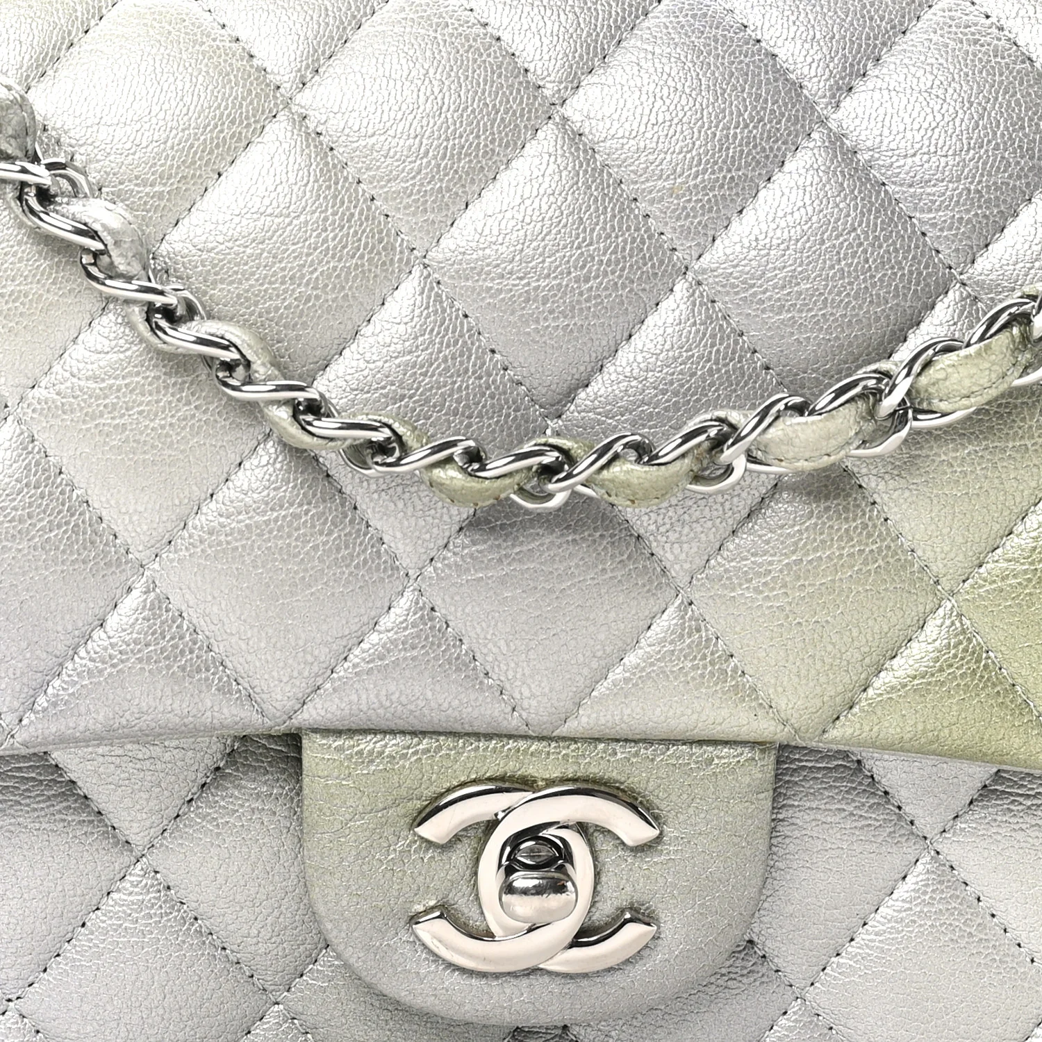 Metallic Goatskin Quilted Ombre Medium Double Flap Grey Green