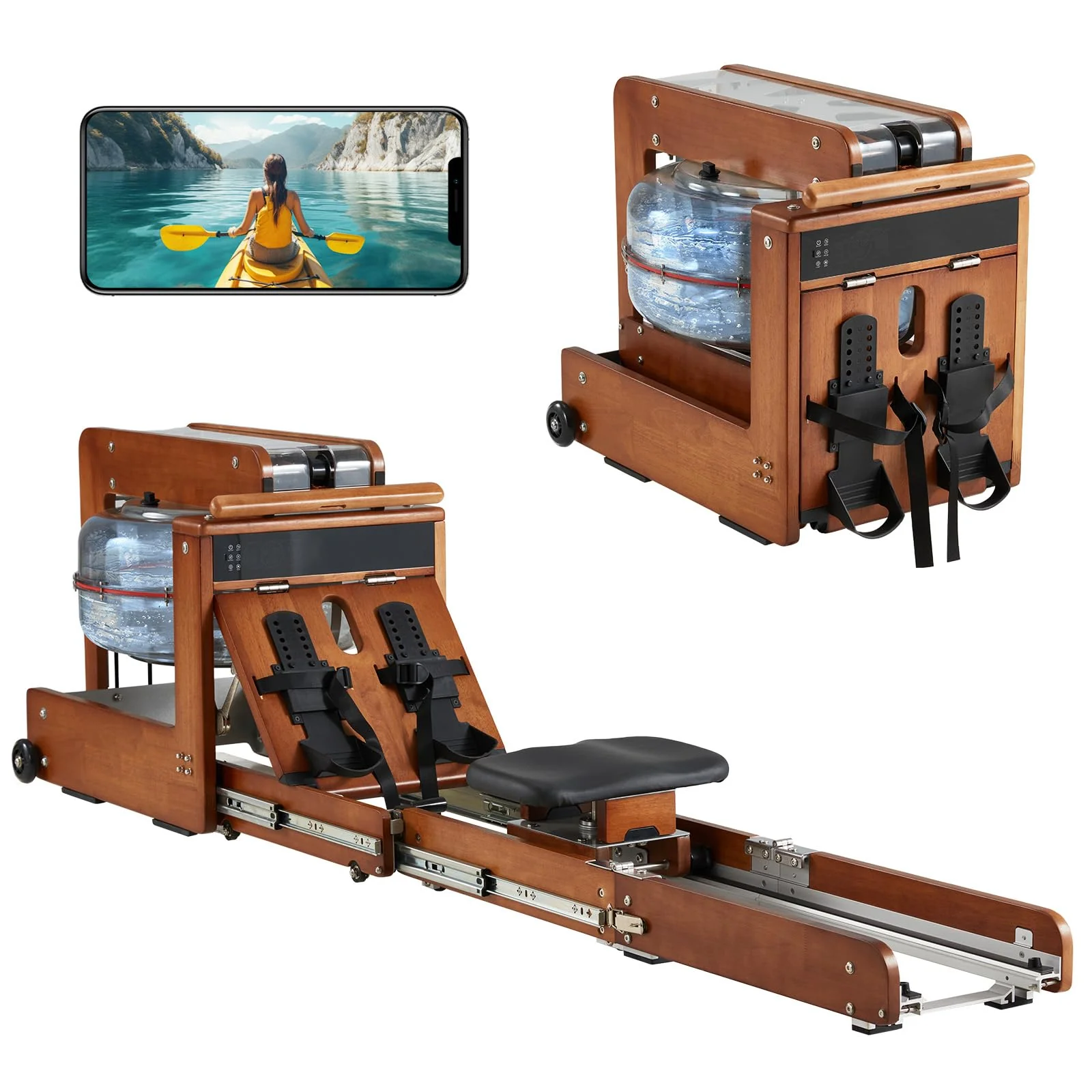 AECOJOY Water Rowing Machine for Home, Touchscreen Smart Display, Dual Resistance Drawer Rower