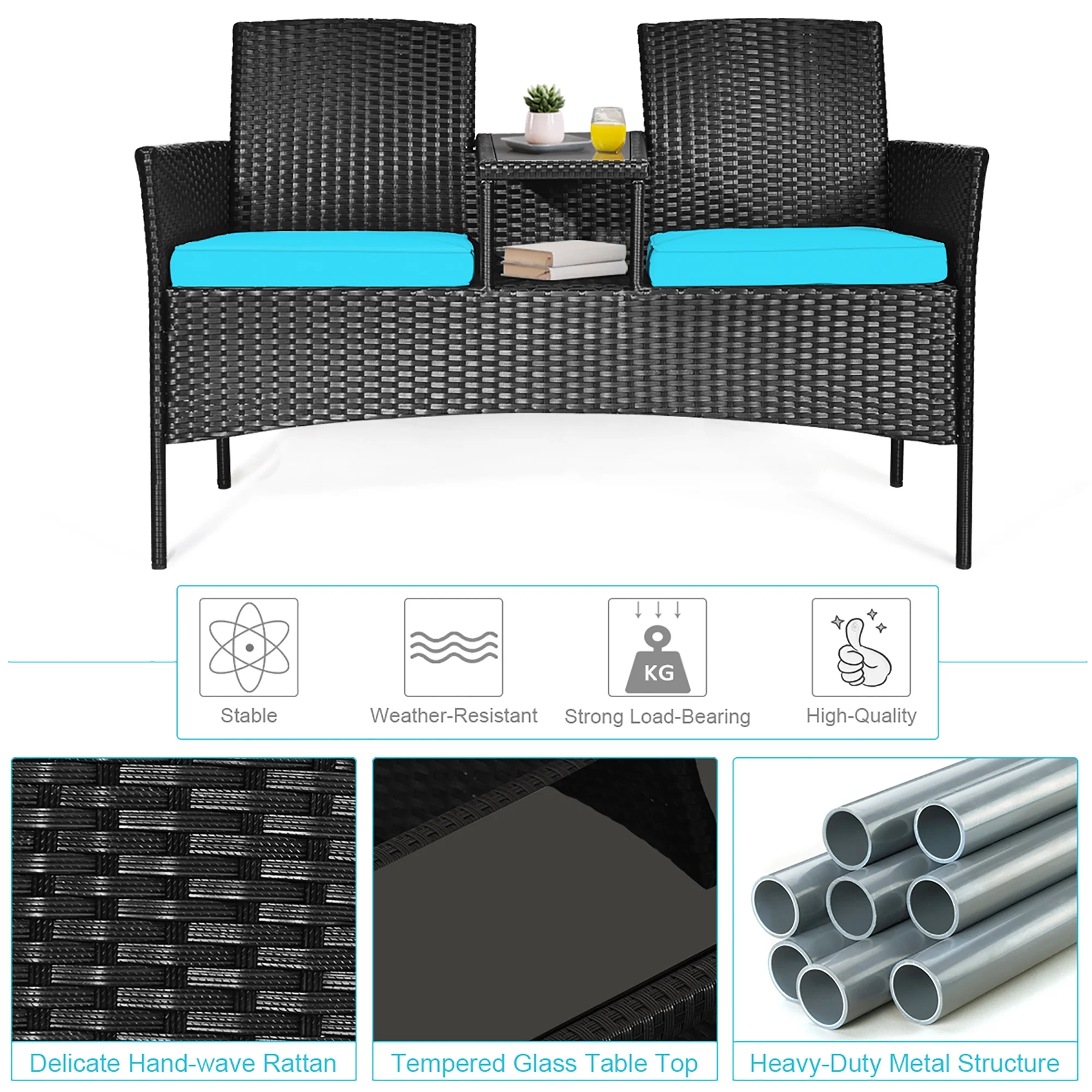 Patio Rattan Conversation Set Seat Sofa Cushioned Loveseat Chairs Turquoise(Turquoise) - Image 7