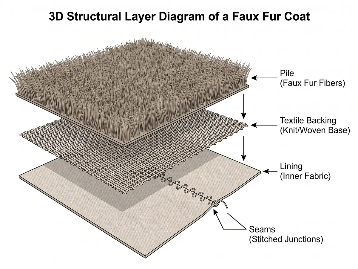 Diagram showing the pile, textile backing, lining and seams of a faux fur coat