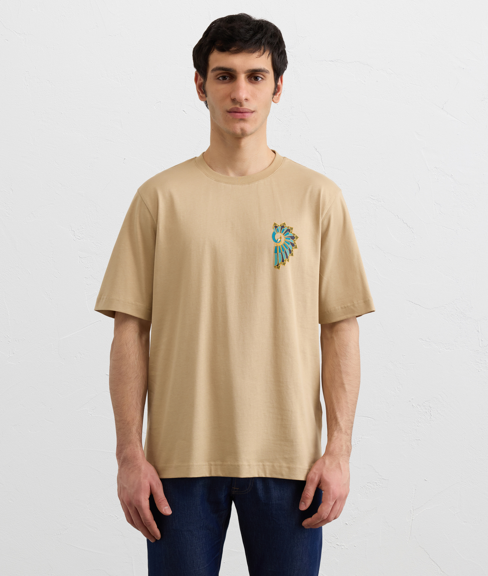 LIGHT BROWN PRINTED COTTON T SHIRT
