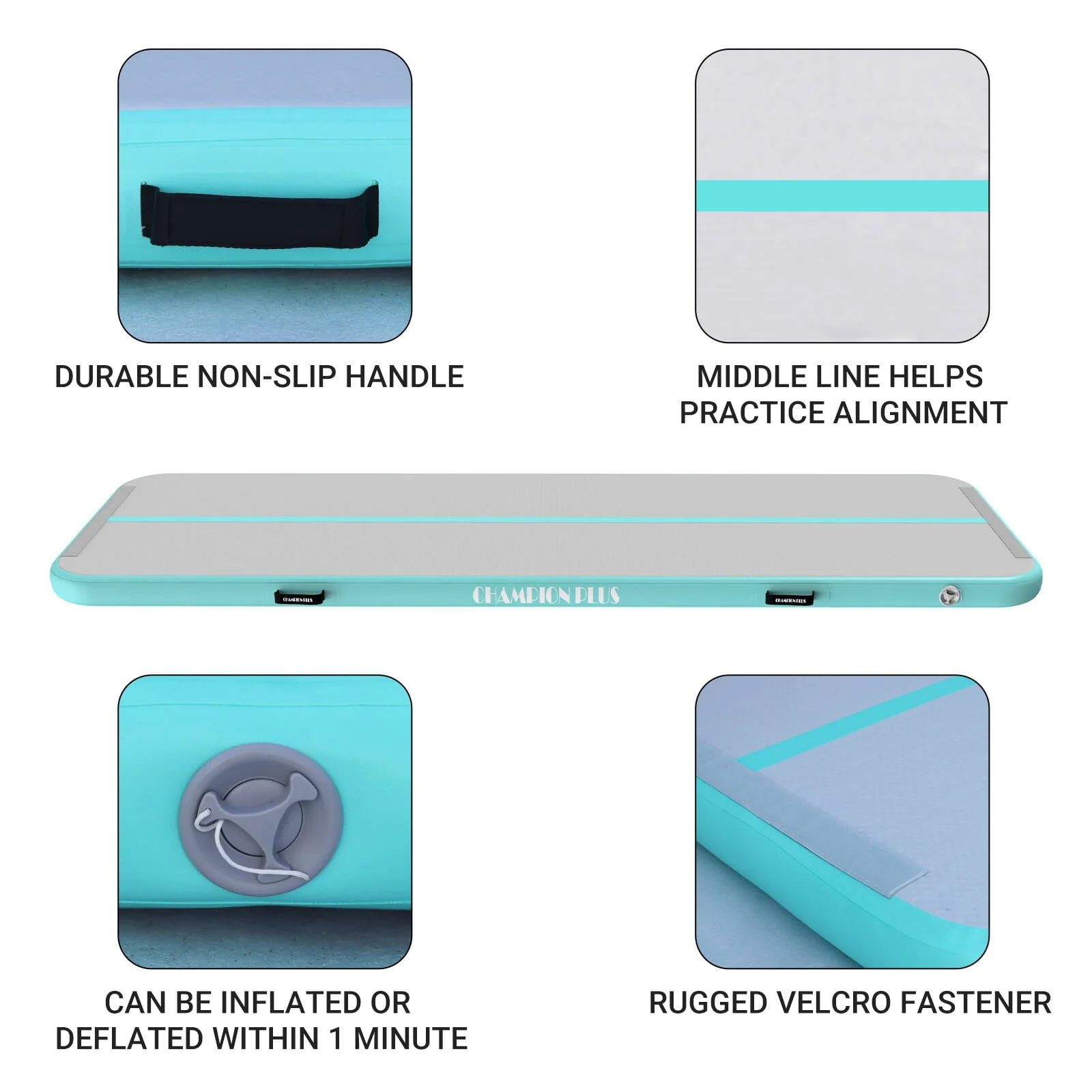 CHAMPIONPLUS Air Track 10ft 13ft 16ft 20ft Inflatable Air Tumble Track Gymnastics Tumbling Mat 4in 8in Thick Mats for Home Use/Training/Cheerleading/Water/Yoga Electric Air Pump, Mint Green 10ft 4in Image 3