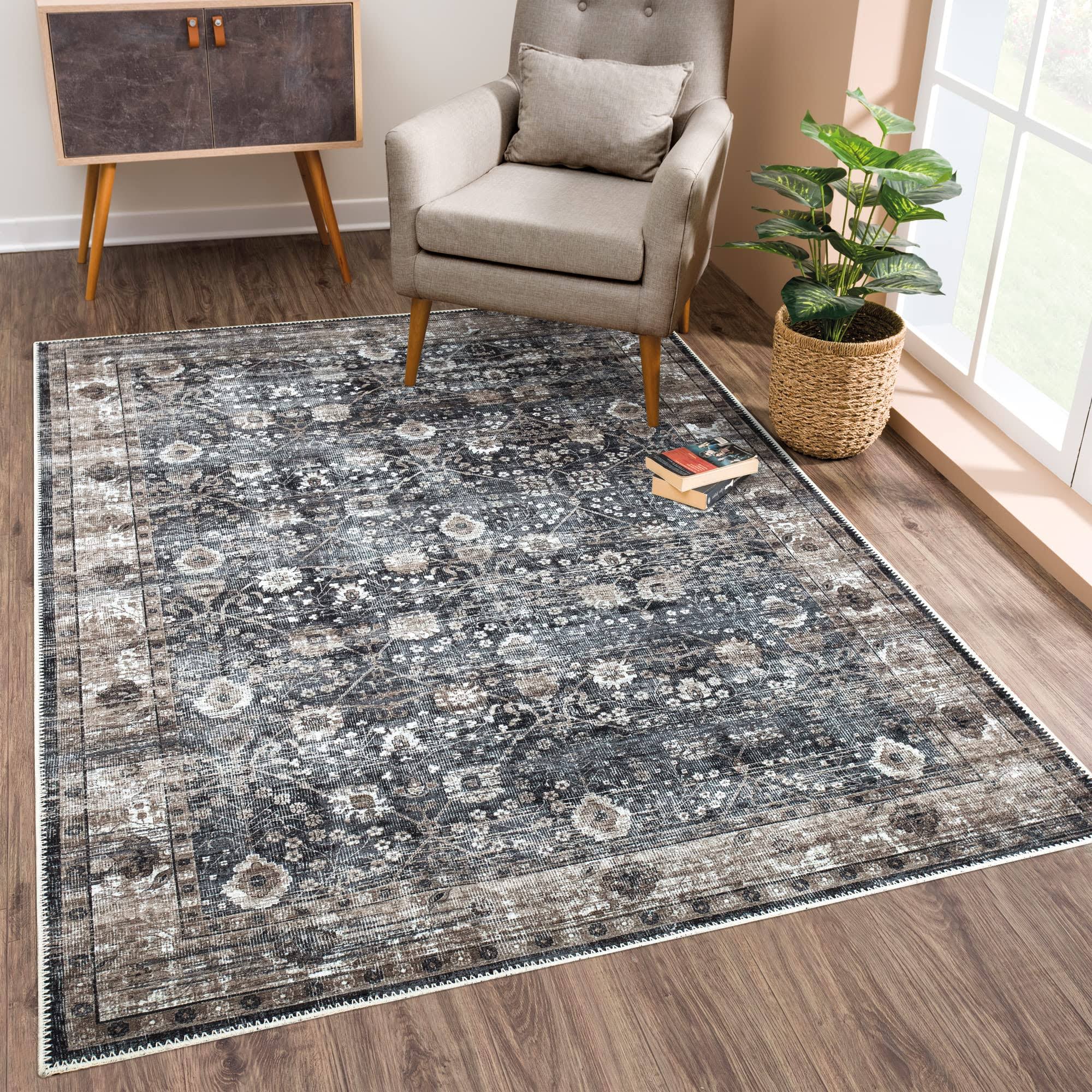 Bloom Rugs Washable Non-Slip 3' x 5' Rug - Black/Brown Traditional Area Rug for Living Room, Bedroom, Dining Room, and Kitchen - Exact Size: 3' x 5'