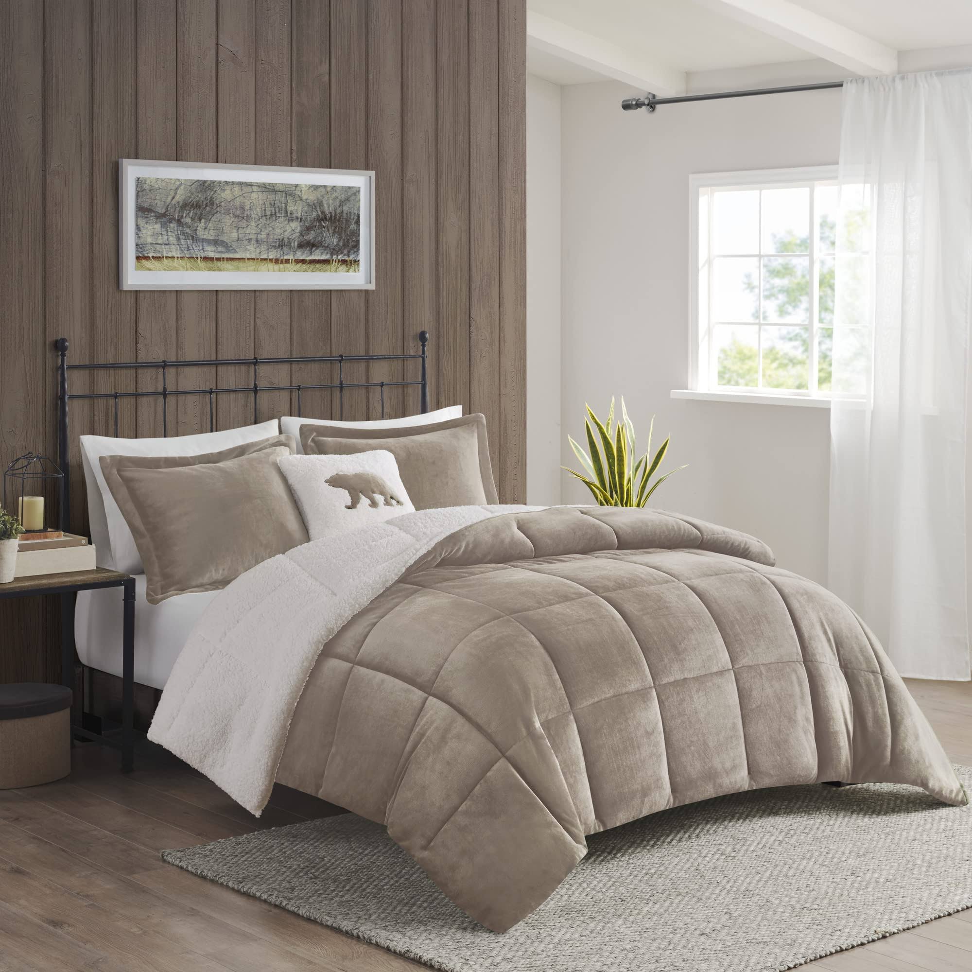 Woolrich - Alton Plush to Sherpa Down Alternative Comforter Set - King - Taupe/Ivory