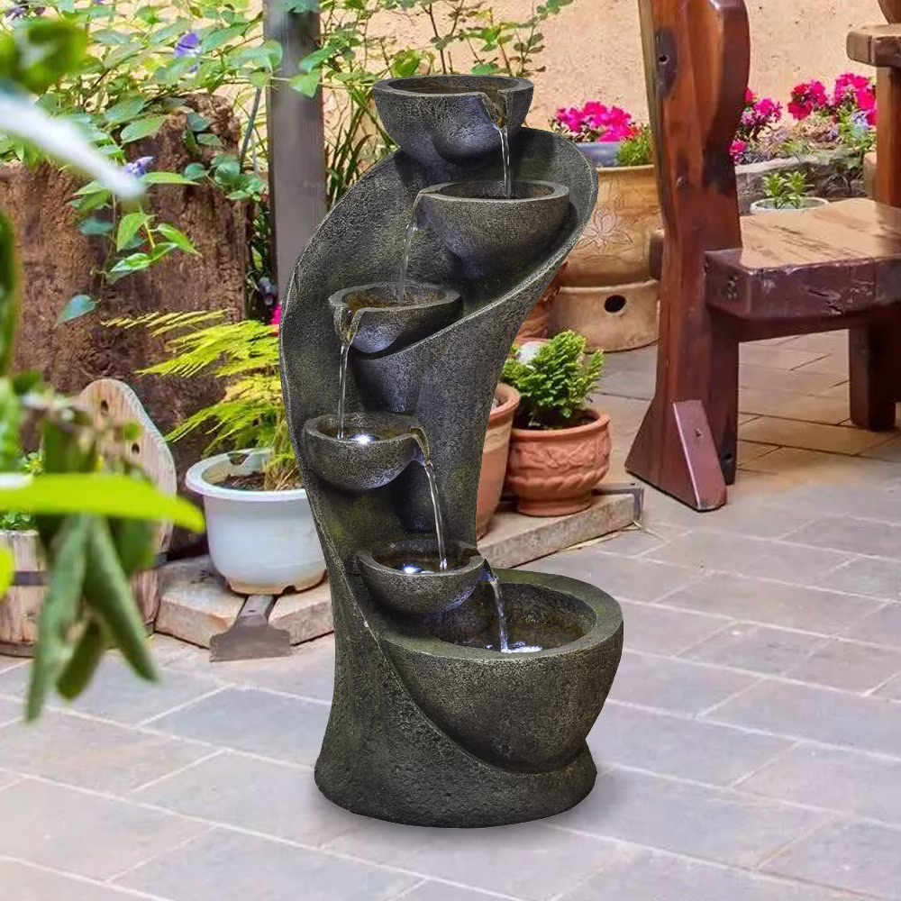Willwolf Outdoor Curved Water Fountain with LED Lights, Electric Resin Waterfall Fountain for Garden Patio