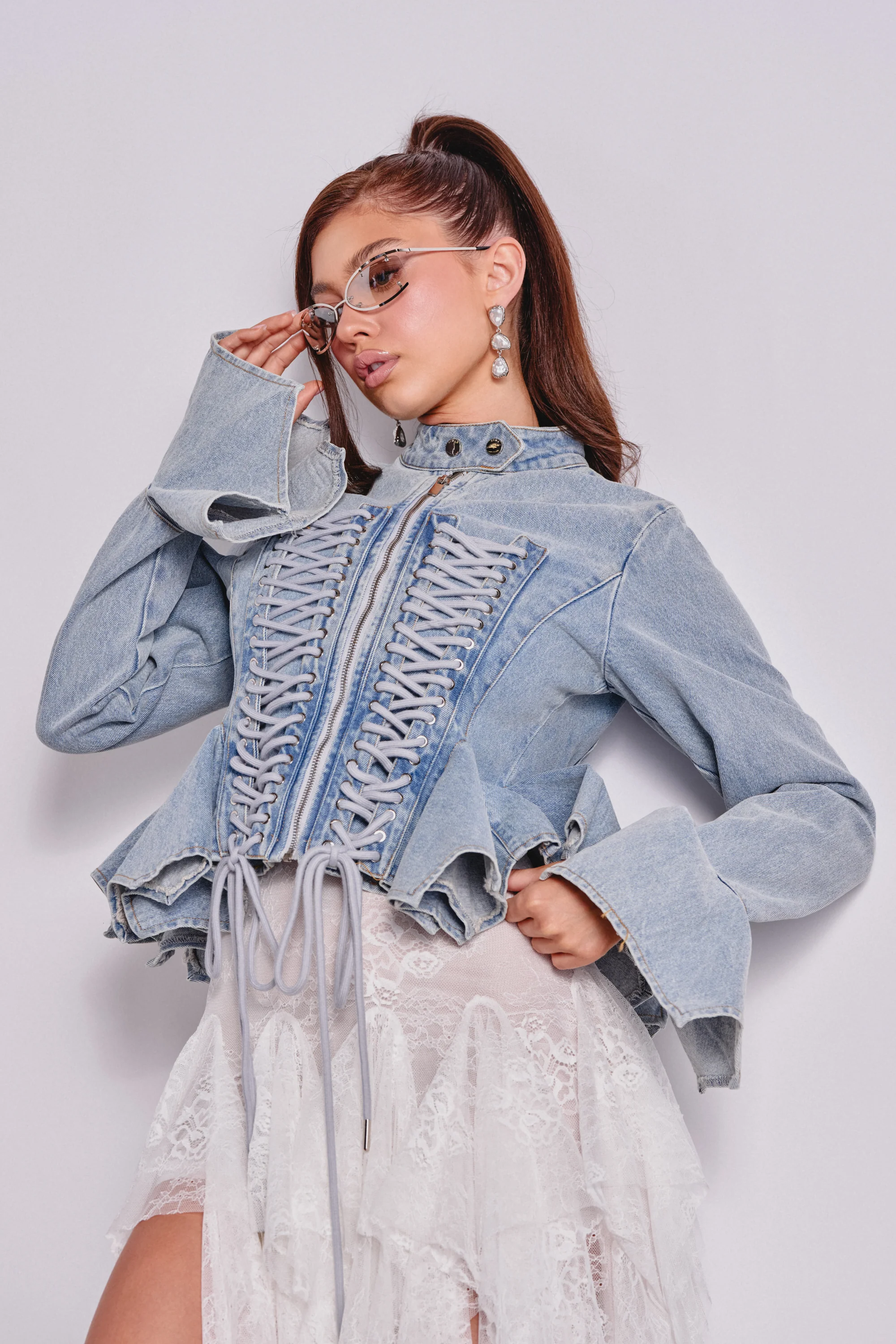 DOUBLE DARE YOU PEPLUM DENIM JACKET - Akira Store