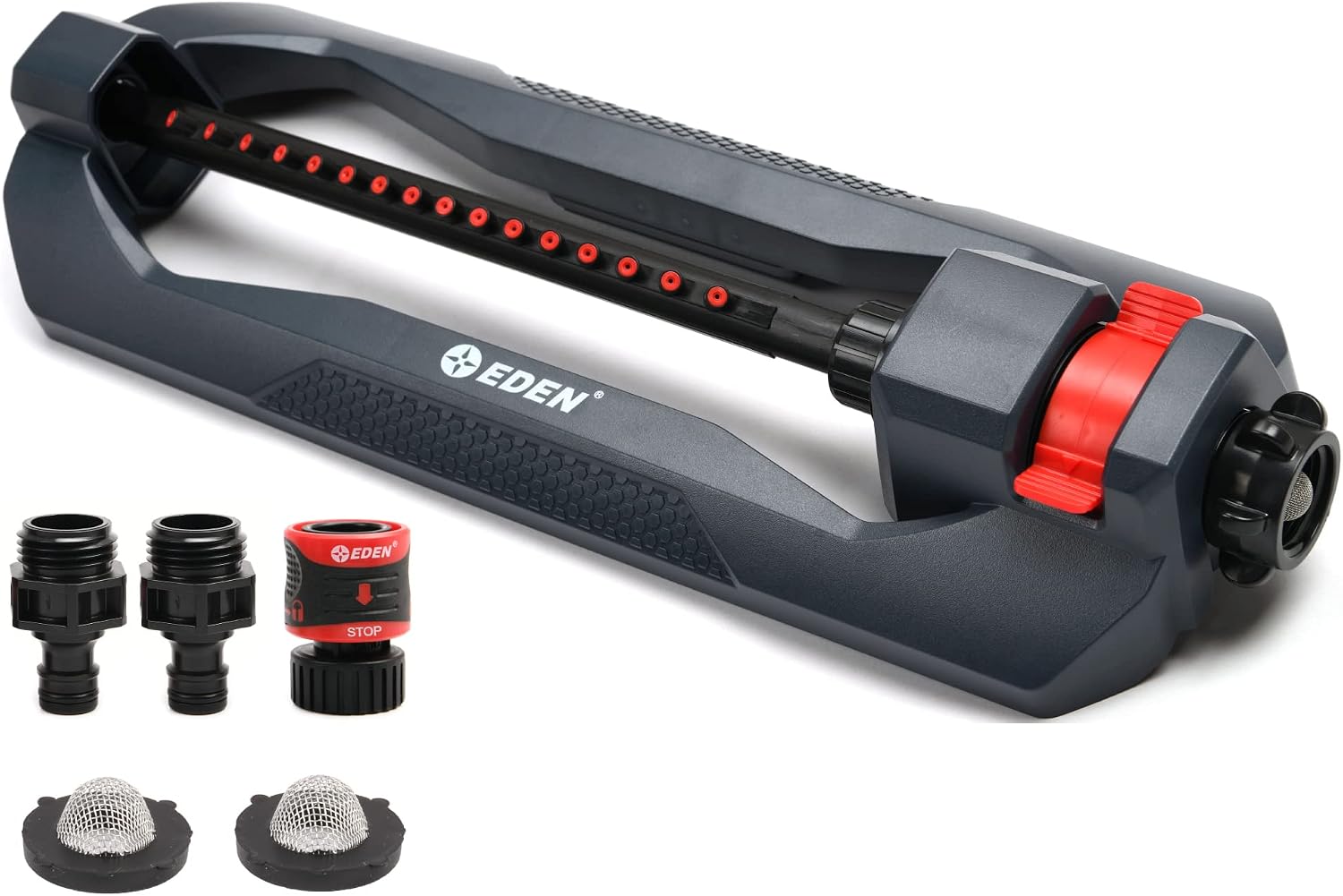 Eden 96213 Weighted Essential Oscillating Sprinkler| Covers up to 3,600 sq. ftft., 16 Precision Nozzles, Adjustable Range, Turbo Drive Motor, Quick Connect Bundle, Stainless Steel Filters, Black