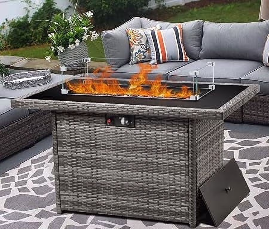 44" Propane Gas Fire Pit Table, 55000 BTU Rectangular Fire Pit with Glass Wind Guard for Outside Patio Deck Garden Backyard(Brown-Glass Top) - Image 5