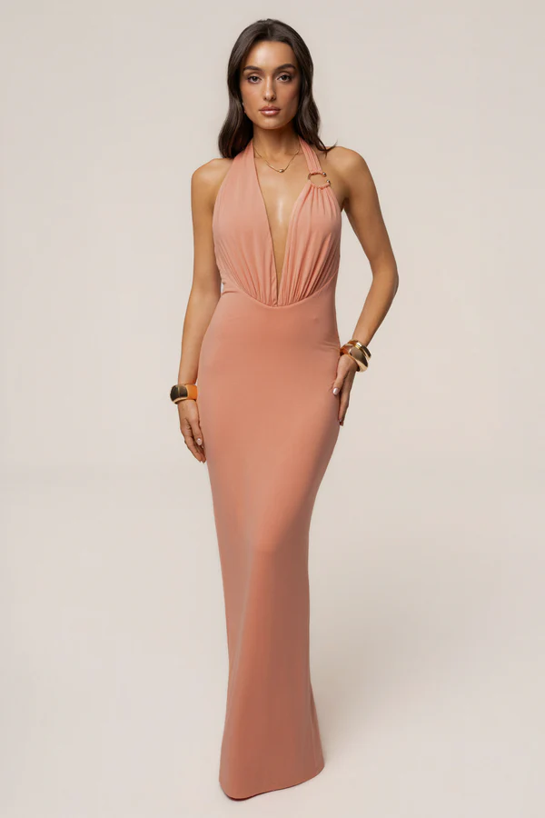 Peach Showstopper Plunge Maxi Dress