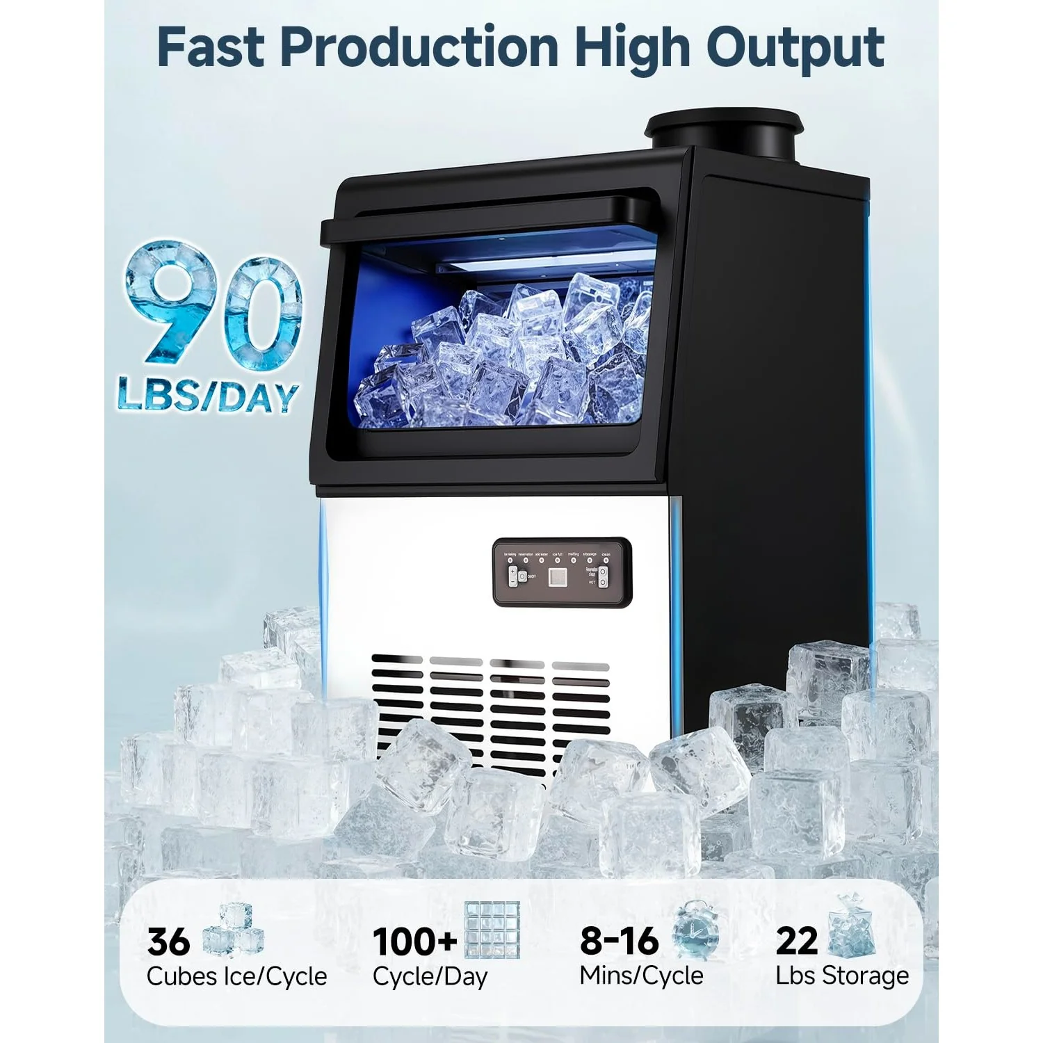 AECOJOY Commercial Ice Maker 90 lbs/24H, Stainless Steel Under Counter Ice Machine with 22 lbs Storage