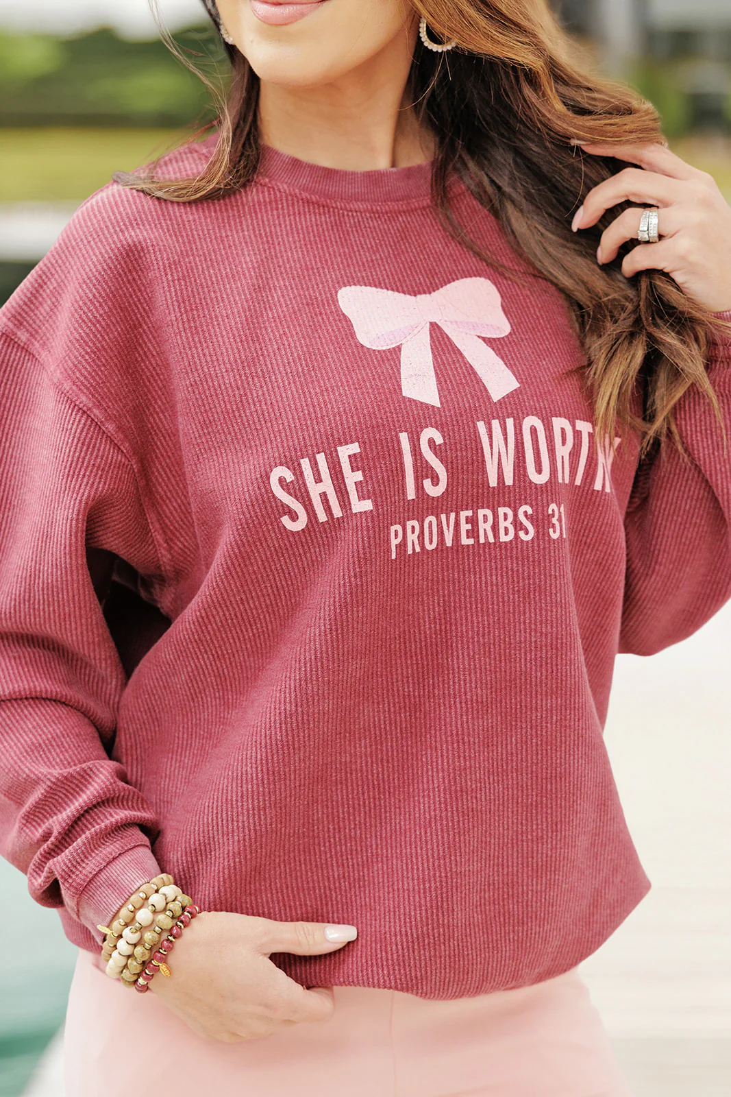 She Is Worthy Ribbed Graphic Crewneck