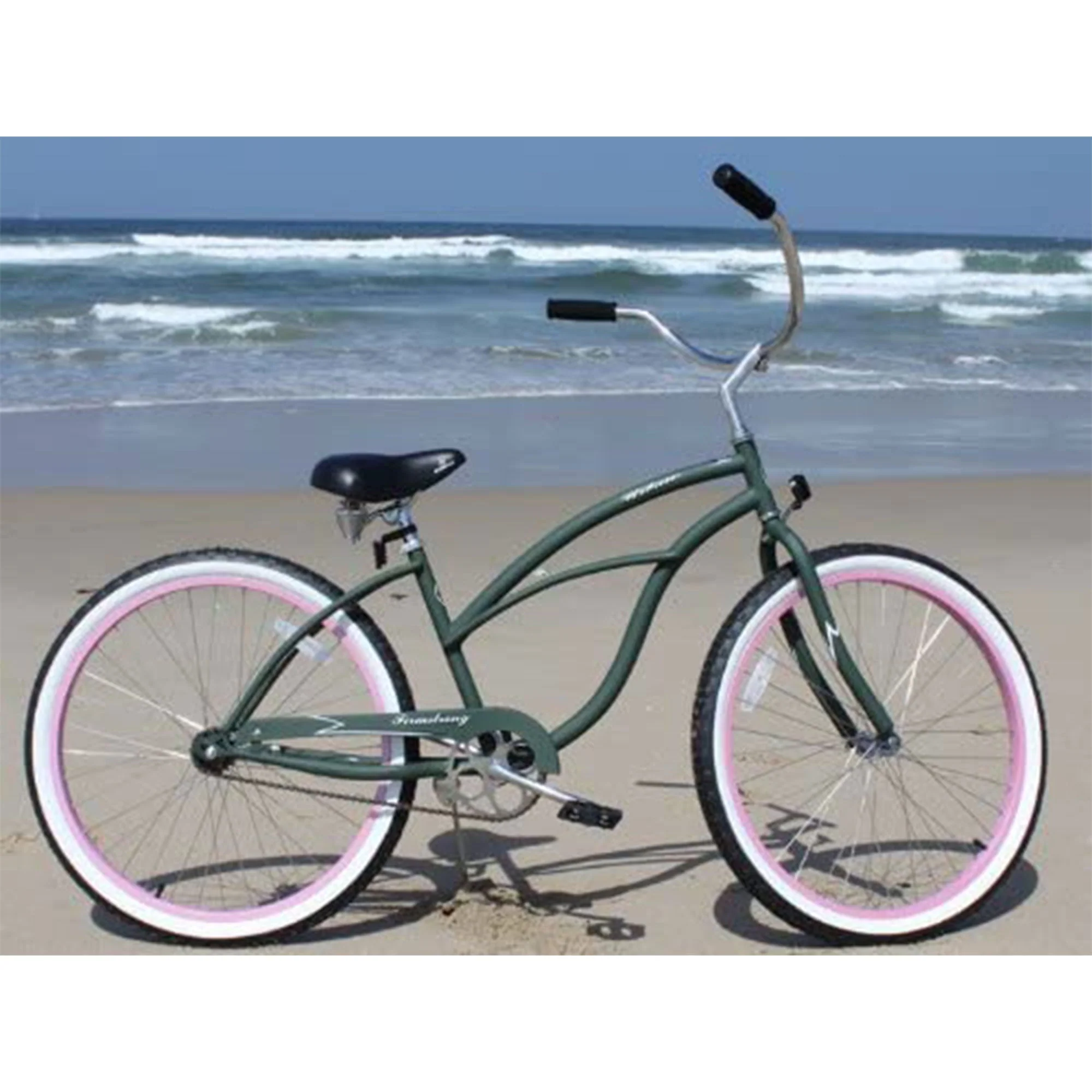 Urban Lady Single Speed 26" Beach Cruiser Womens Bicycle, Army Green w/ Pink Rims - Image 5
