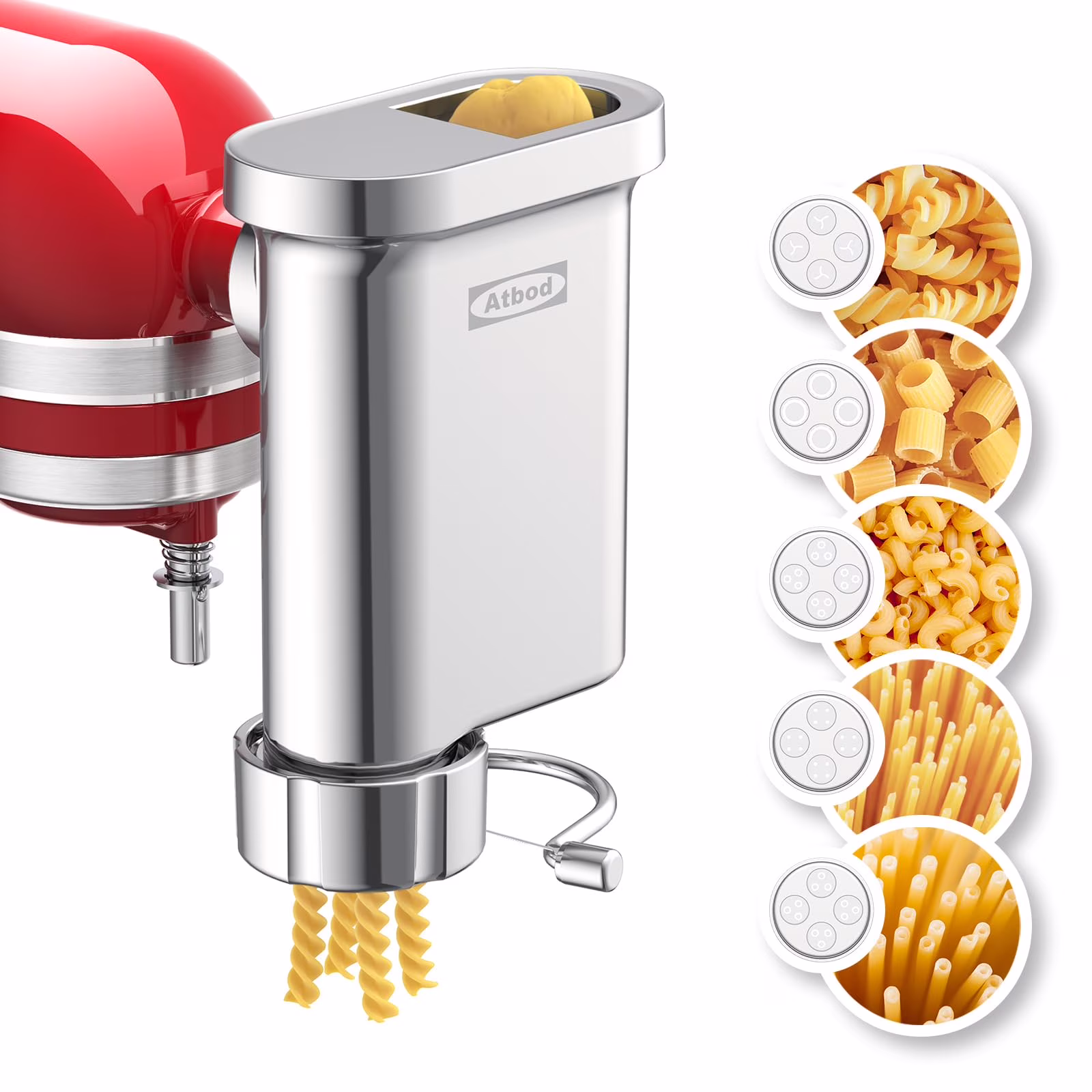 Metal Gourmet Pasta Press Attachment for Stand Mixer, Pasta Maker Attachment with 5 Interchangeable Plates, Spaghetti Bucatini Fusilli Large/Small Macaroni