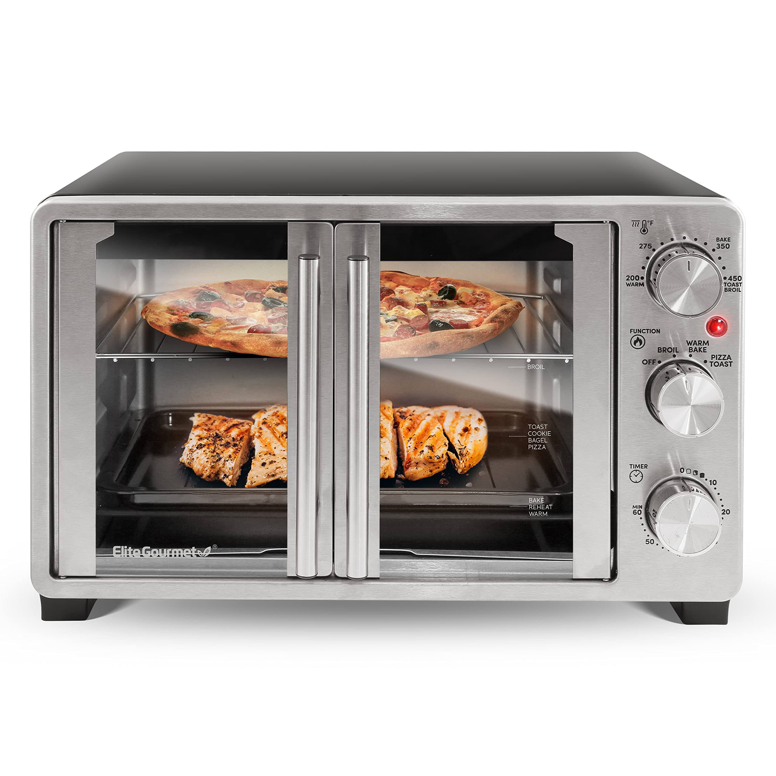 Elite Gourmet ETO2530M New Double French Door Toaster Oven Fits 12 inch Pizza, Stainless Steel