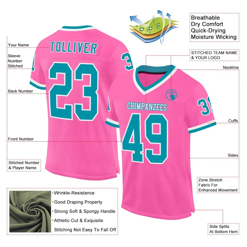 Custom Pink Teal-White Mesh Authentic Throwback rugby jersey