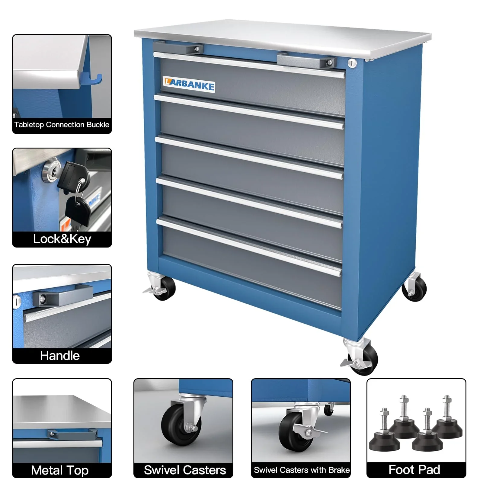 Rolling Tool Chest 5-Drawer Tool Cabinet with Stainless Steel Top Key Lock Heavy-Duty