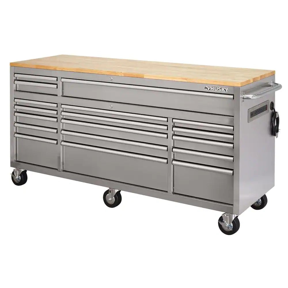 Établi mobile de 72 po (183 cm) de profondeur, 18 tiroirs, plateau en bois massif, acier inoxydable