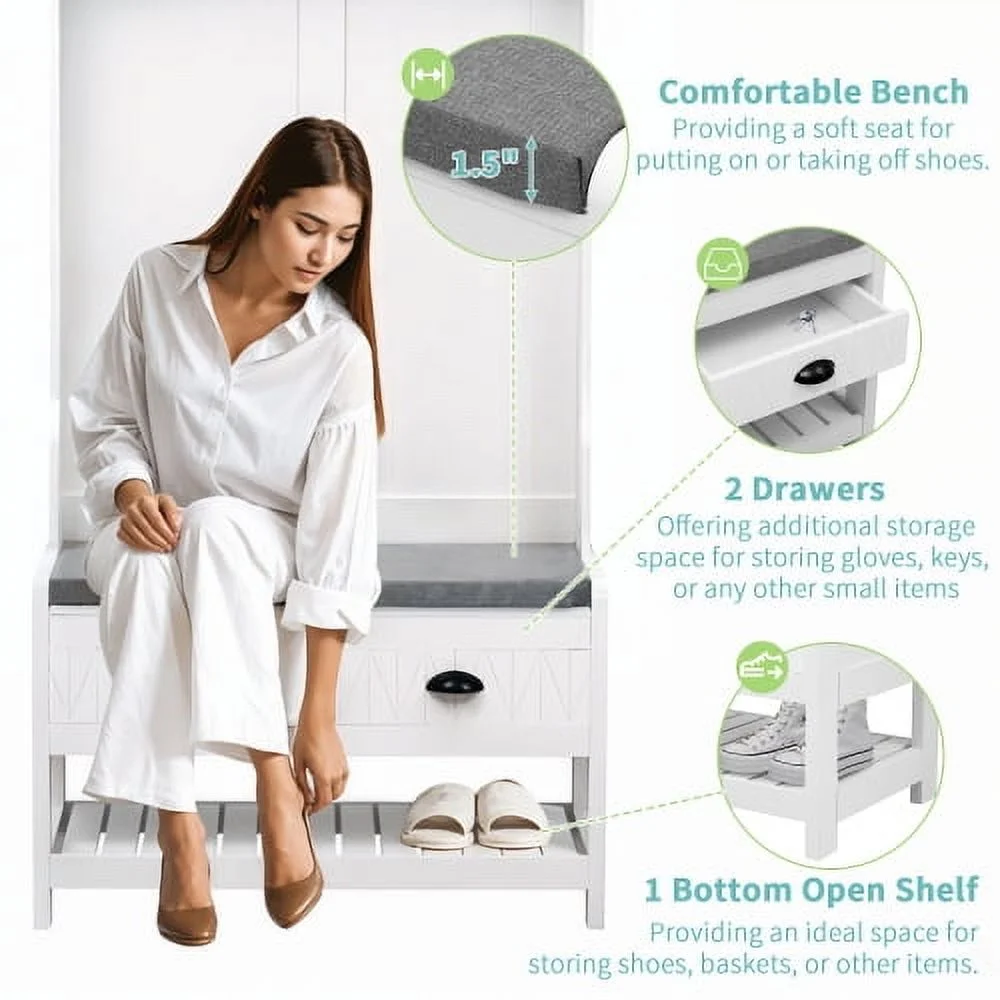 Triple Tree 3-in-1 Multi-Function White Entryway Coat Rack Hanger Storage Hall Tree(White)