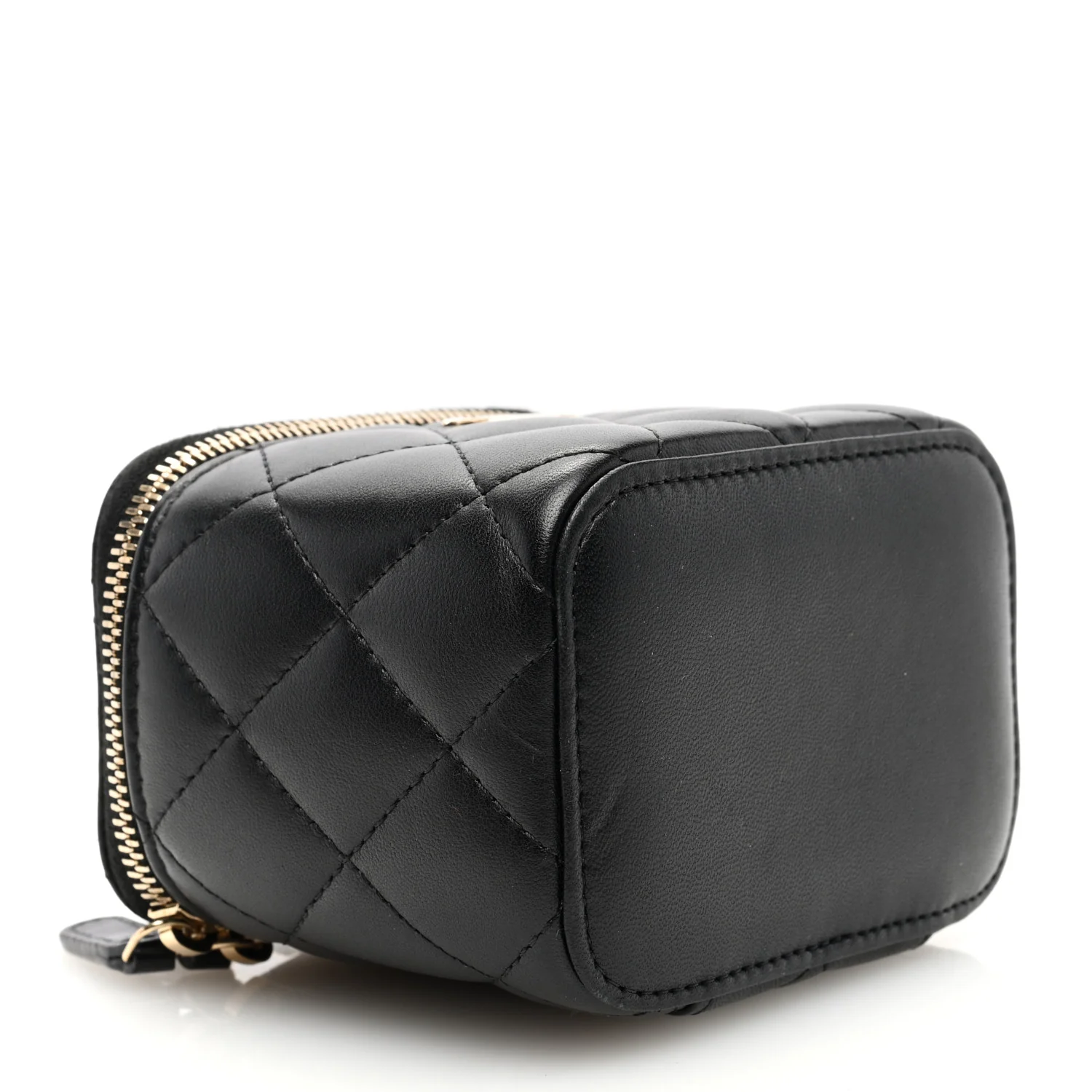 Lambskin Quilted Mini Vanity Case With Pearl Chain Black