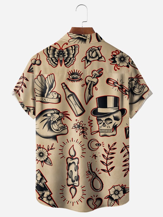 Chemise hawaïenne à manches courtes avec poche poitrine et motif squelette d'Halloween