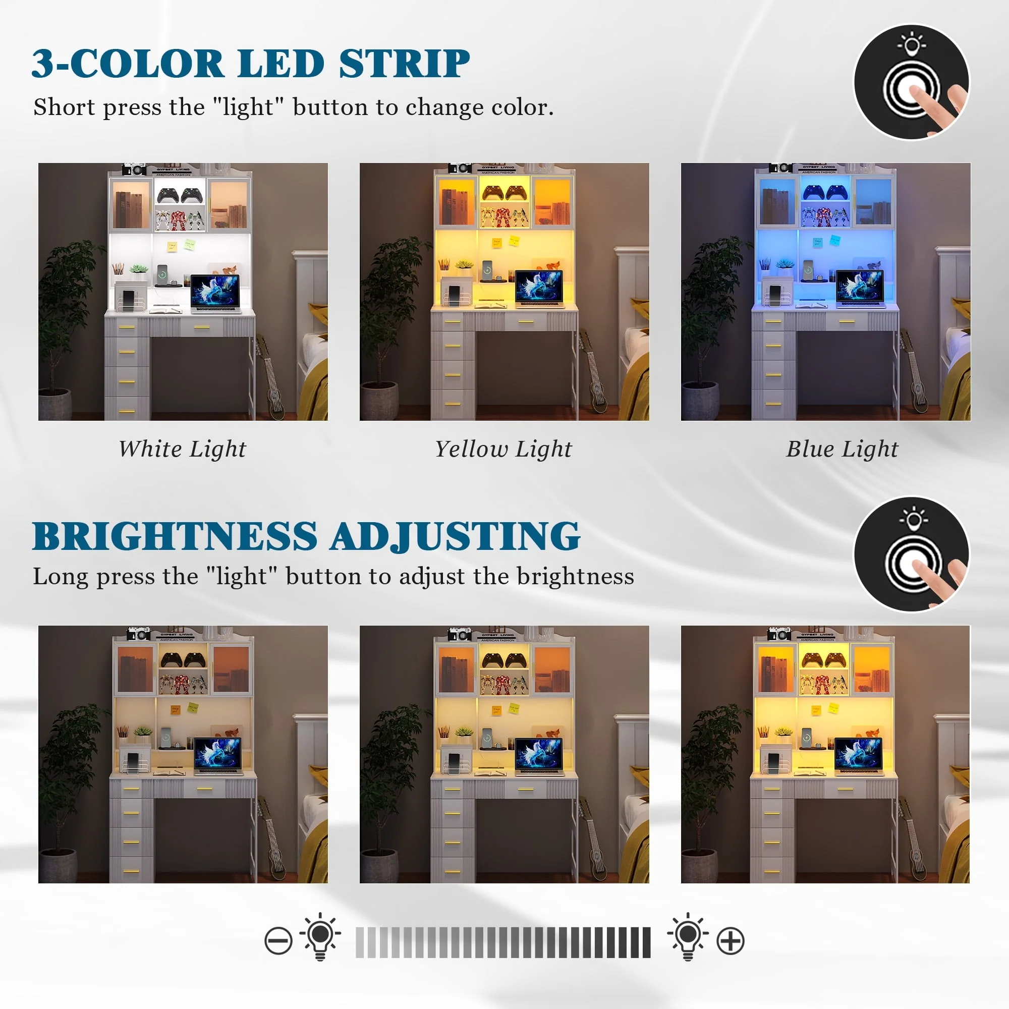 LED Study Desk with Hutch and Drawer, Home Office Desk with Outlet, Computer Desk with Charging Station, Writing Desk for Bedroom, Workstation for Small Space(White) Image 2