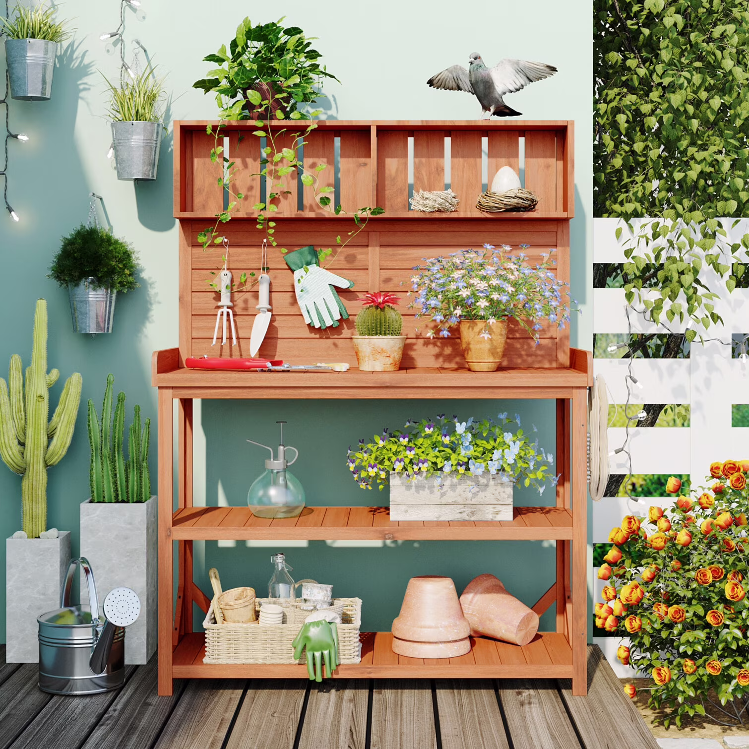 65 Large Outdoor Potting Bench Table, Wooden Farmhouse Rustic Patio Workstation with 4 Storage Shelves and Side Hook, Garden Potting Bench Station, Natural