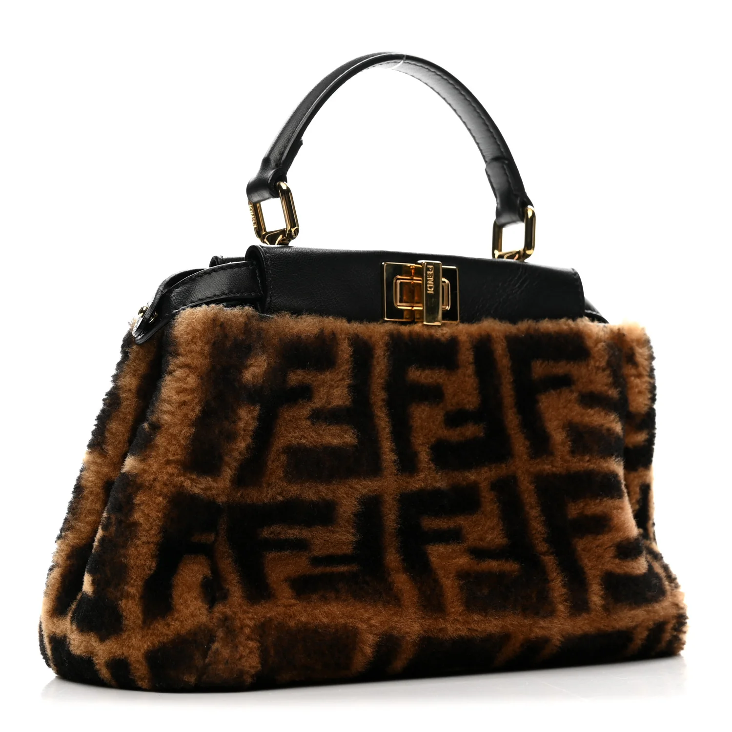 Shearling Nappa Macro FF 1974 Mini Peekaboo Iconic Satchel Tobacco Black