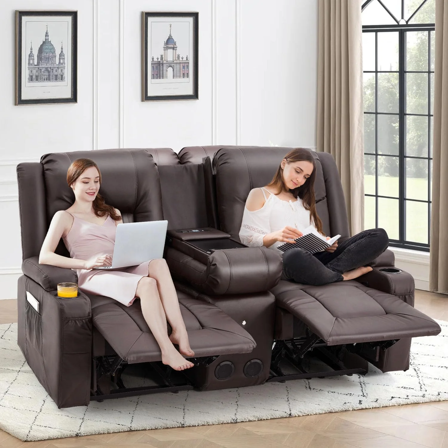 AECOJOY Recliner Loveseat with Console&Bluetooth Speakers, Manual RV Reclining Sofa, Brown