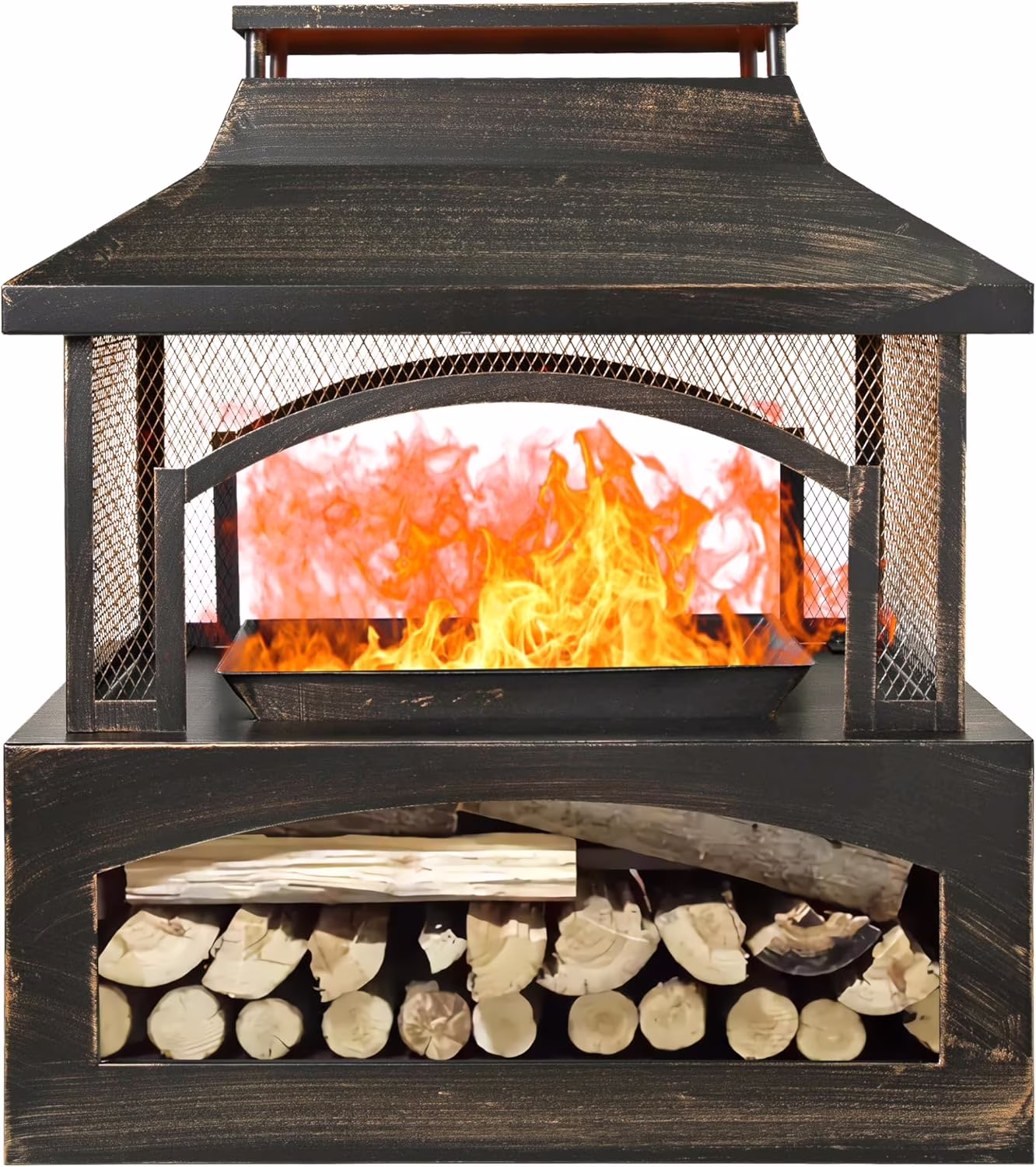 Large Outdoor Wood Burning Fireplace, House Shape Outdoor Log Burner Fire Pit with Log Grate and Poker, 37