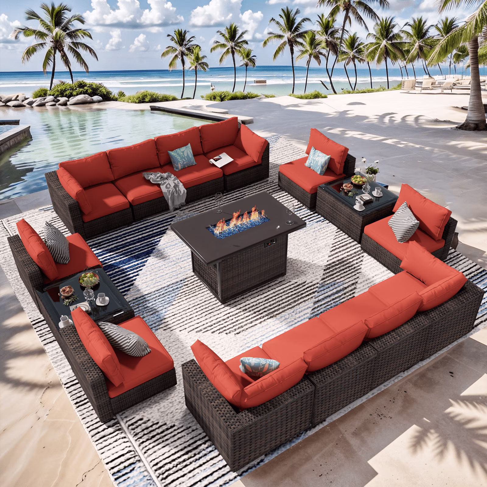 Grezone 15 Pieces Patio Furniture Set with Fire Pit Table, All-Weather Outdoor Sectional PE Rattan, Patio Conversation Sets Cushions & Black - Glass Coffee Table for Garden Lawn Balcony Porch Deck, Red