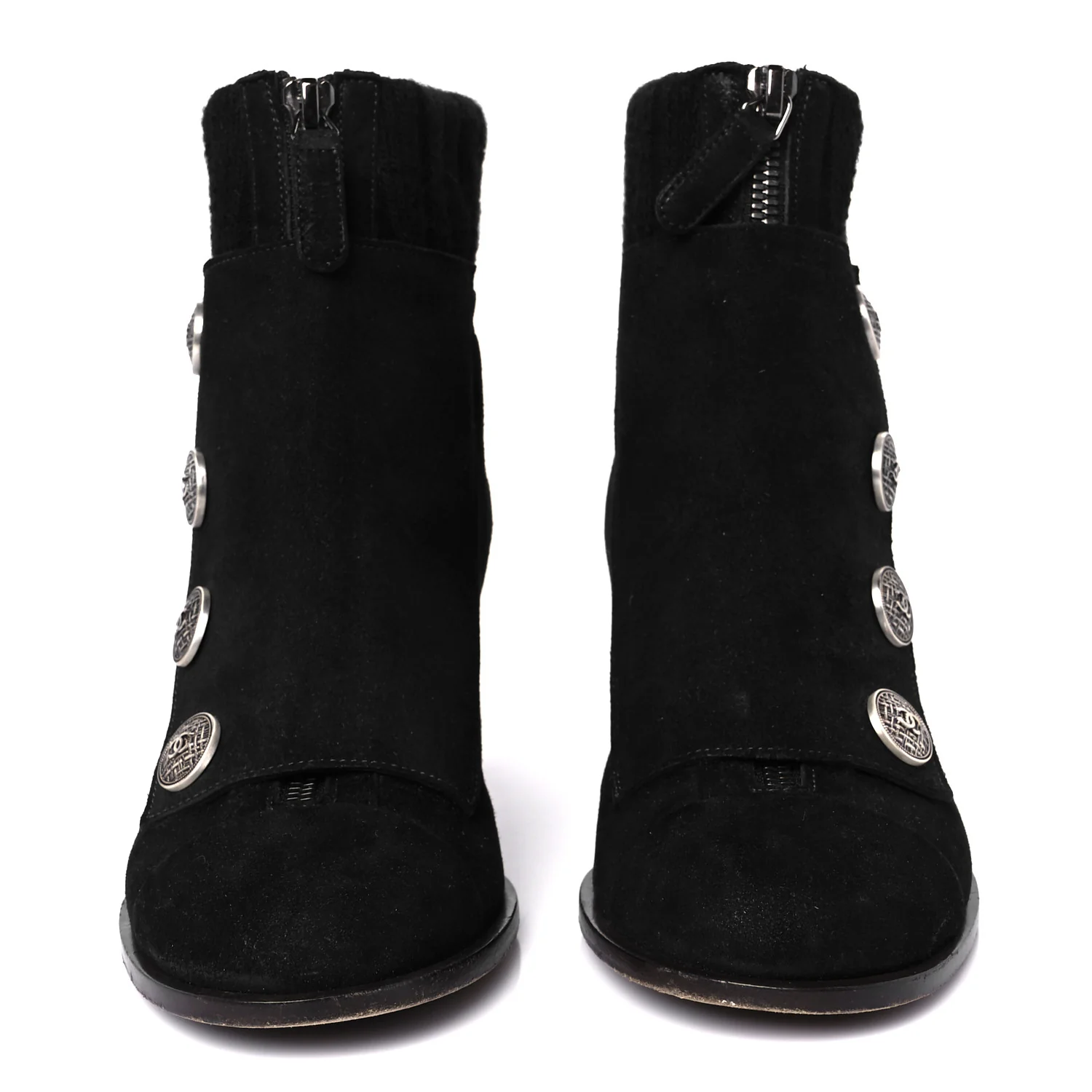 Suede Calfskin Knit Button Ankle Boots 36.5 Black